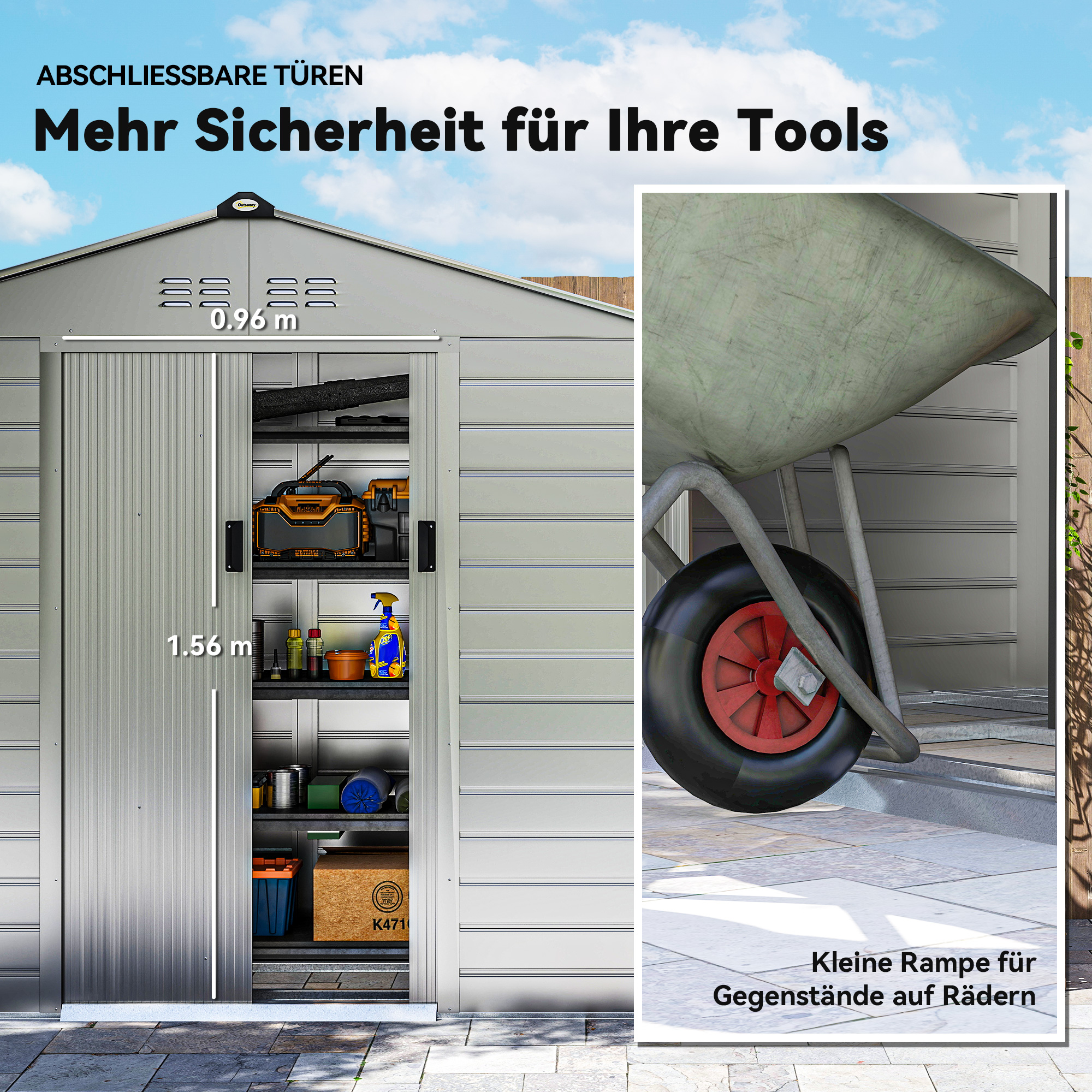 2,43 ? Gerätehaus, 213 x 131 x 192 cm Geräteschuppen mit Satteldach, Abschließbare Schiebetür, wetterfest, Grau