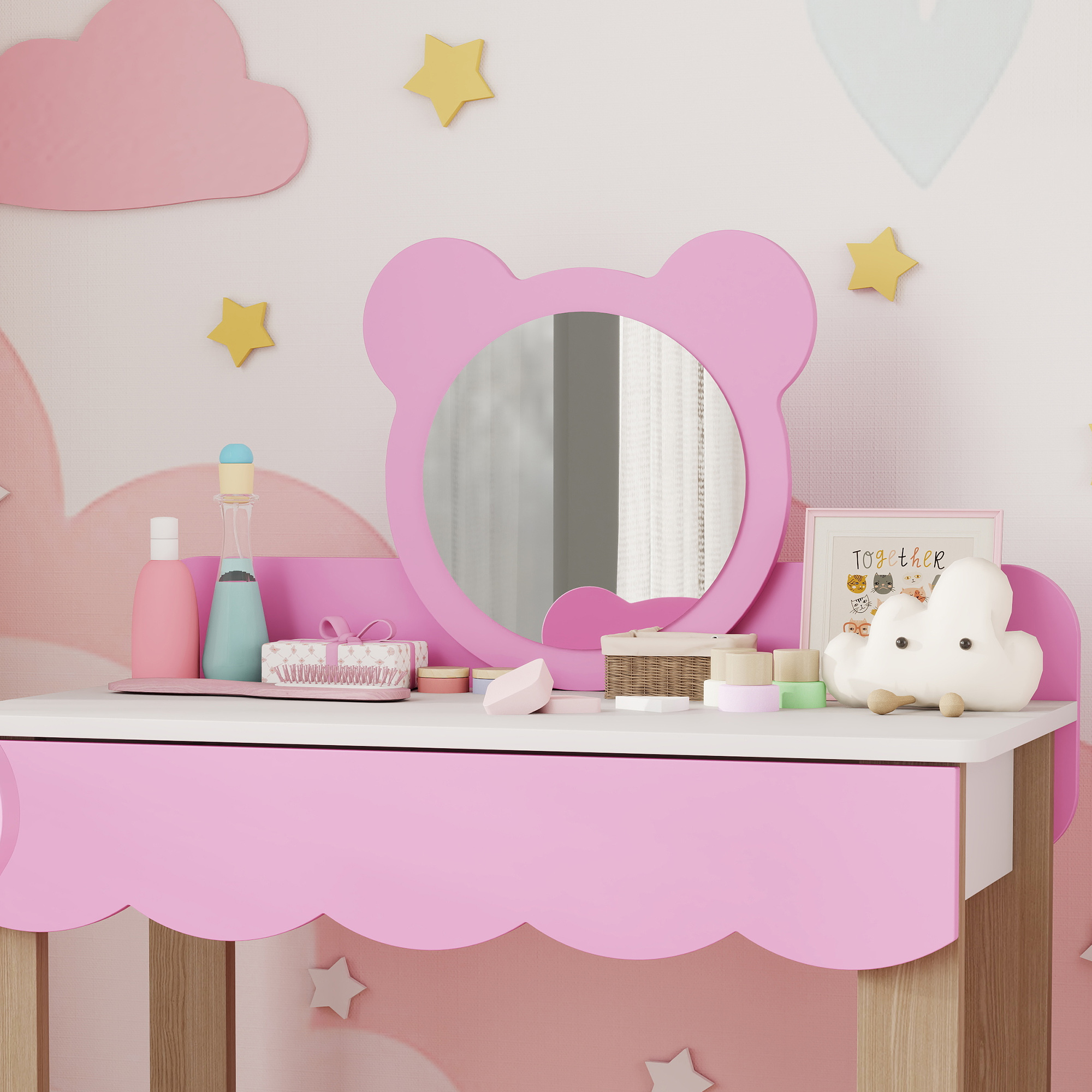 Frisiertisch-Set mit Hocker für Kinder, Schminkspiegel, Bärchenform, Schublade, MDF, Rosa