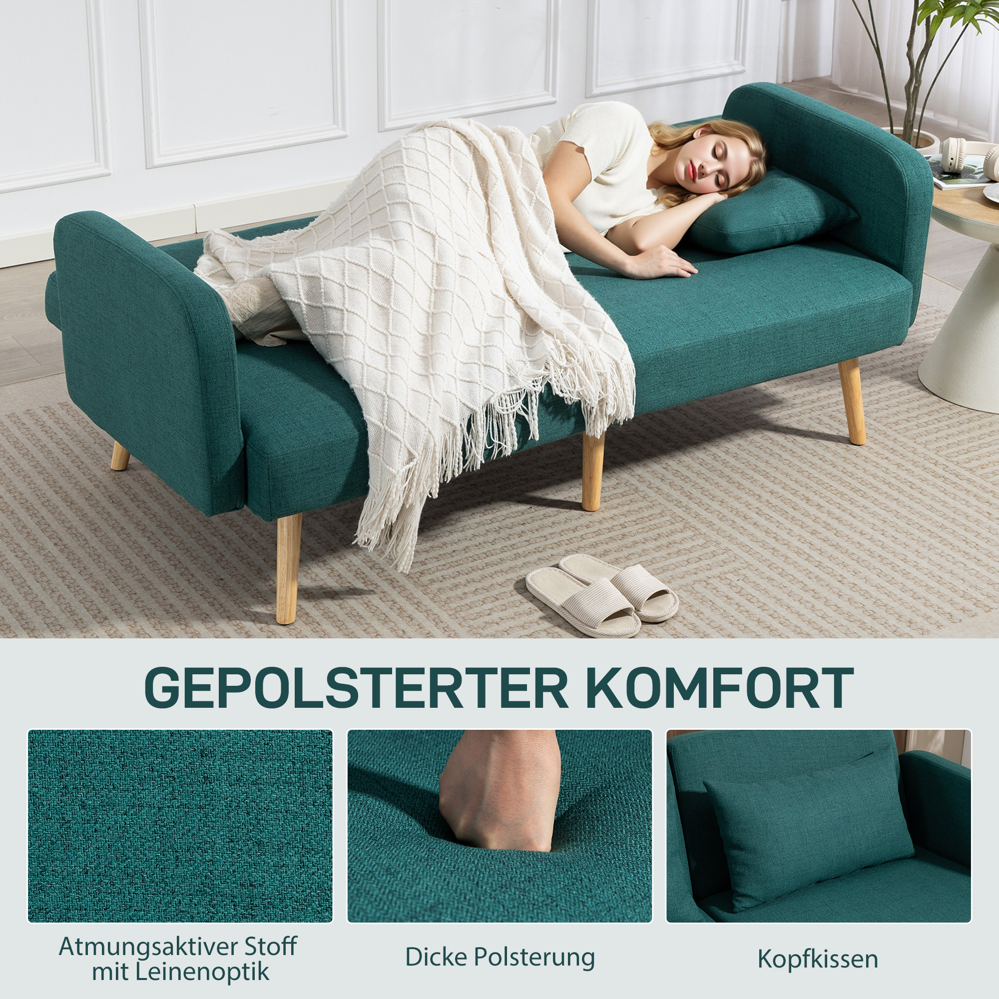 Schlafsofa, 3-Sitzer-Sofa mit Bettfunktion, 2 Kissen, Polstersofa mit verstellbarer Rückenlehne, Leinenoptik, Grün