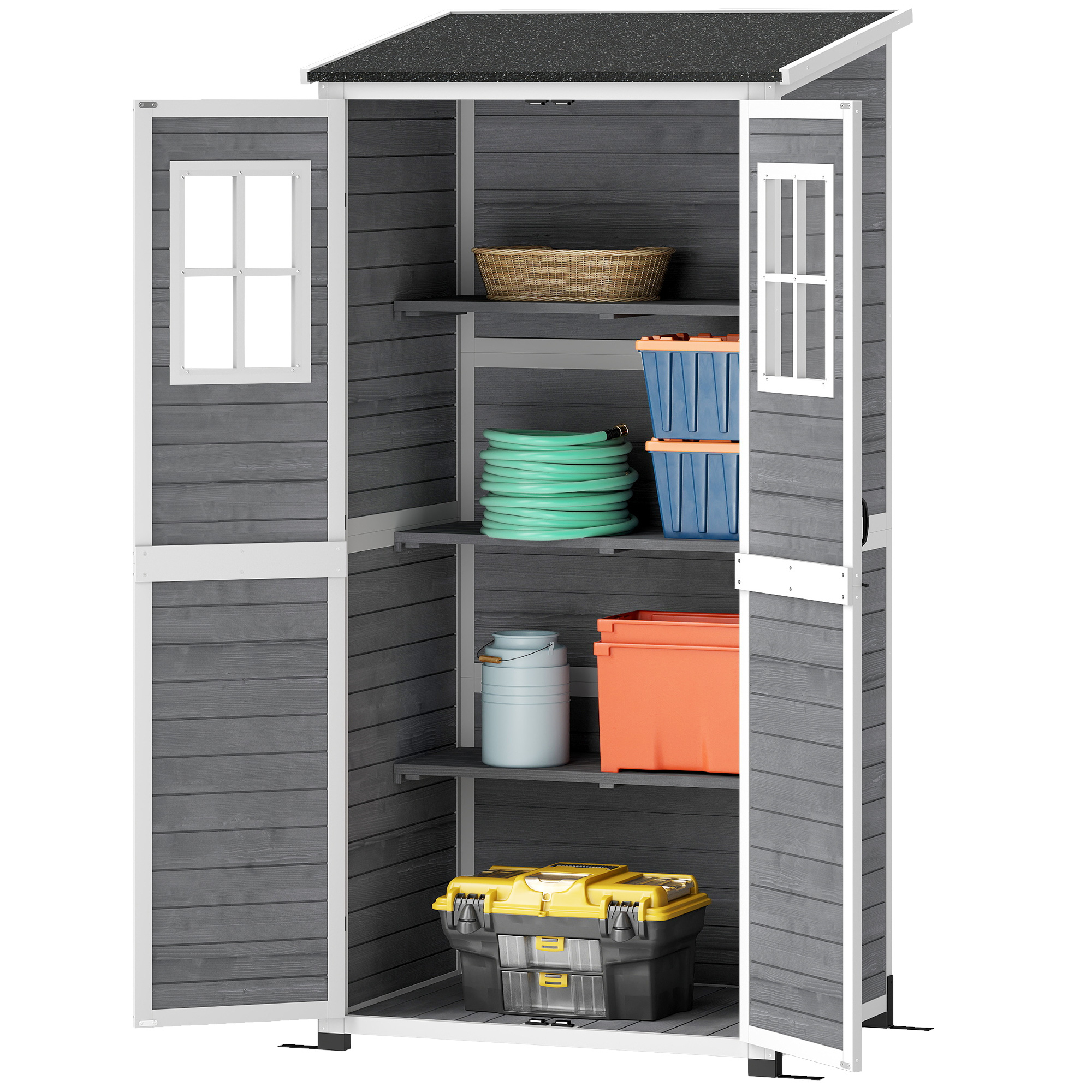 Gartenlagerschuppen, Werkzeugschuppen mit 2 Fenstern, Bodenpfähle, Asphalt-Dach, 91 x 69 x 192 cm, Tannenholz, Hellgrau