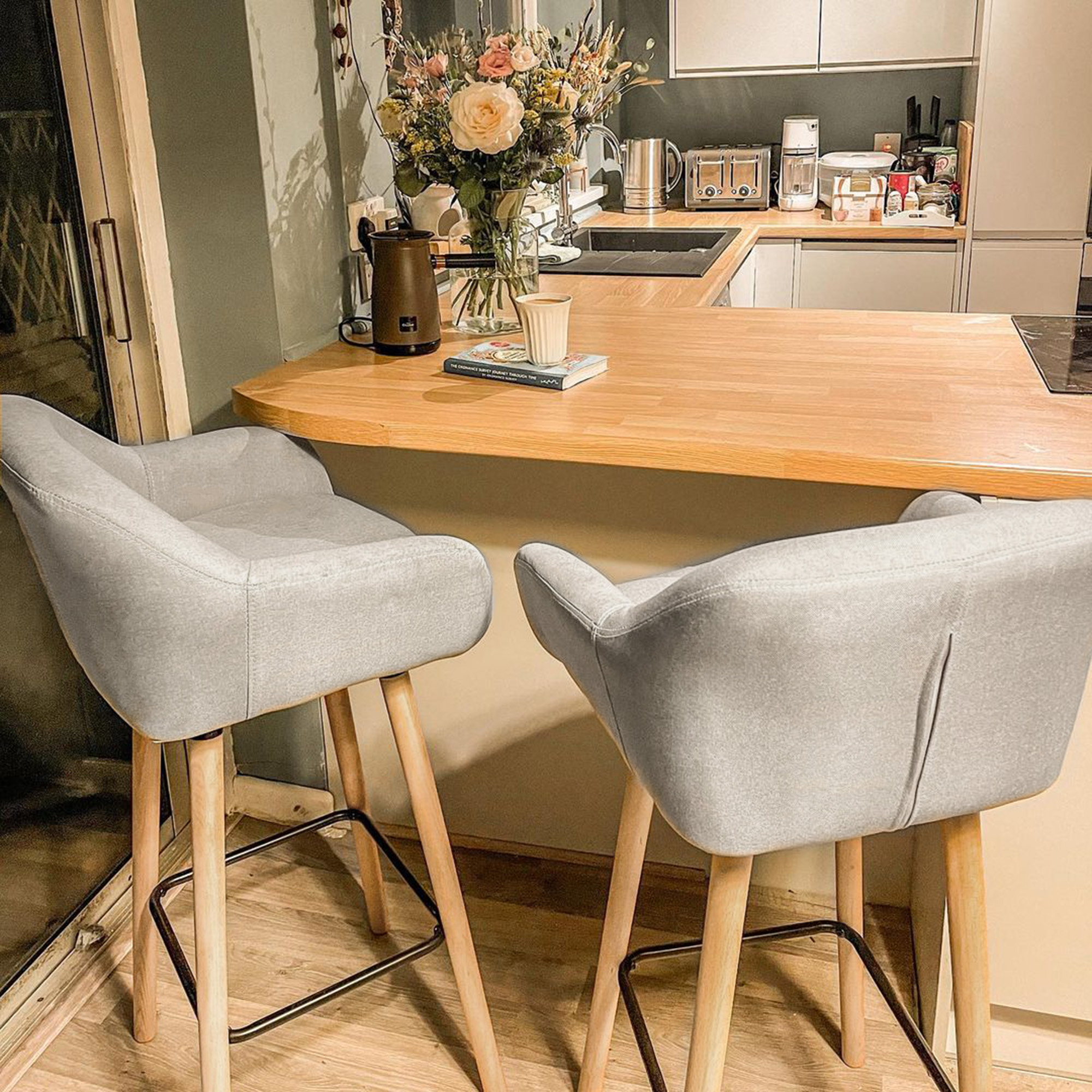 2er-Set Barhocker, inkl, Fußstütze, Massivholz, 55 cm x 48c m x 100 cm,  Beige