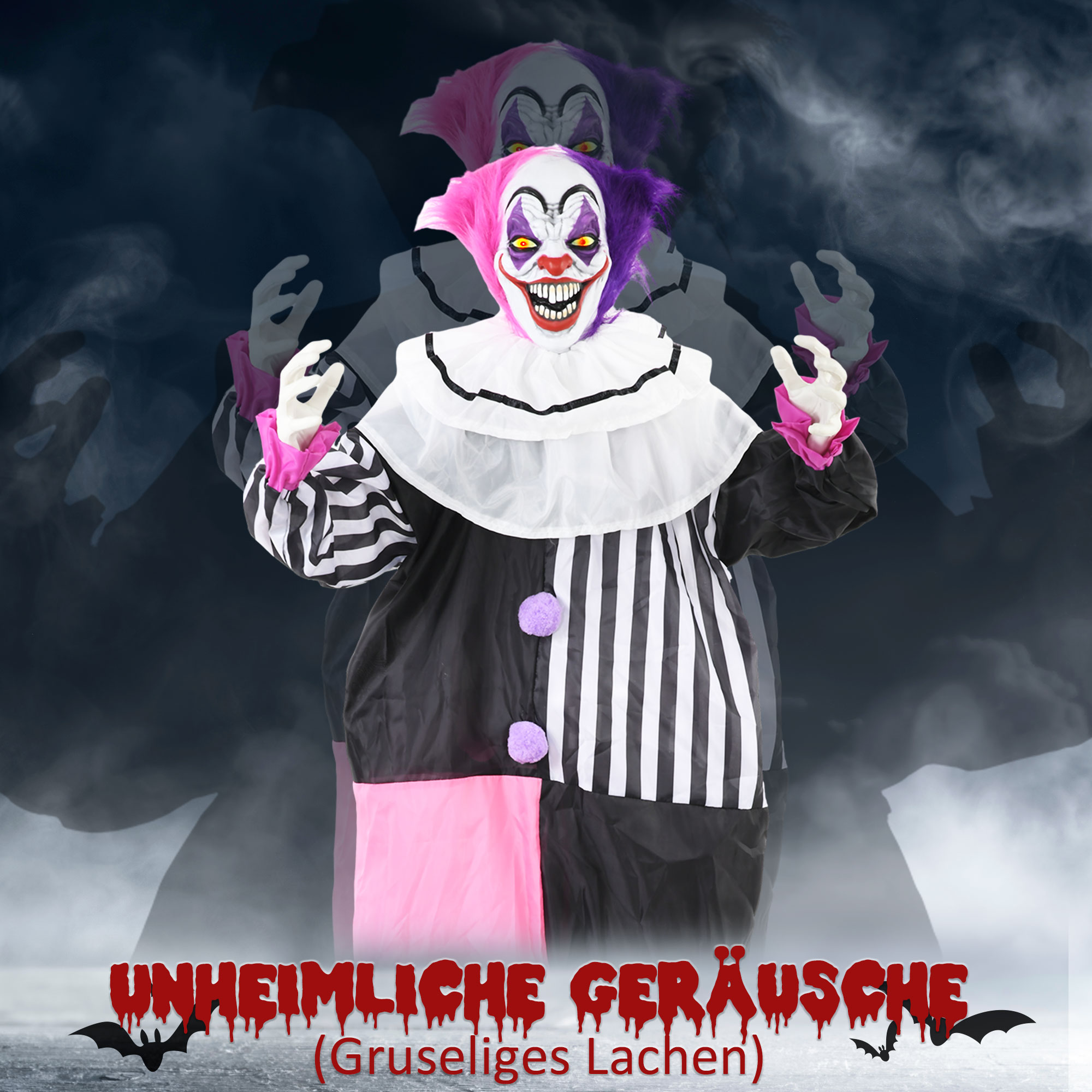 Grusel-Clown Halloween-Dekoration, beweglich, Lach-Funktion, Pink+Lila