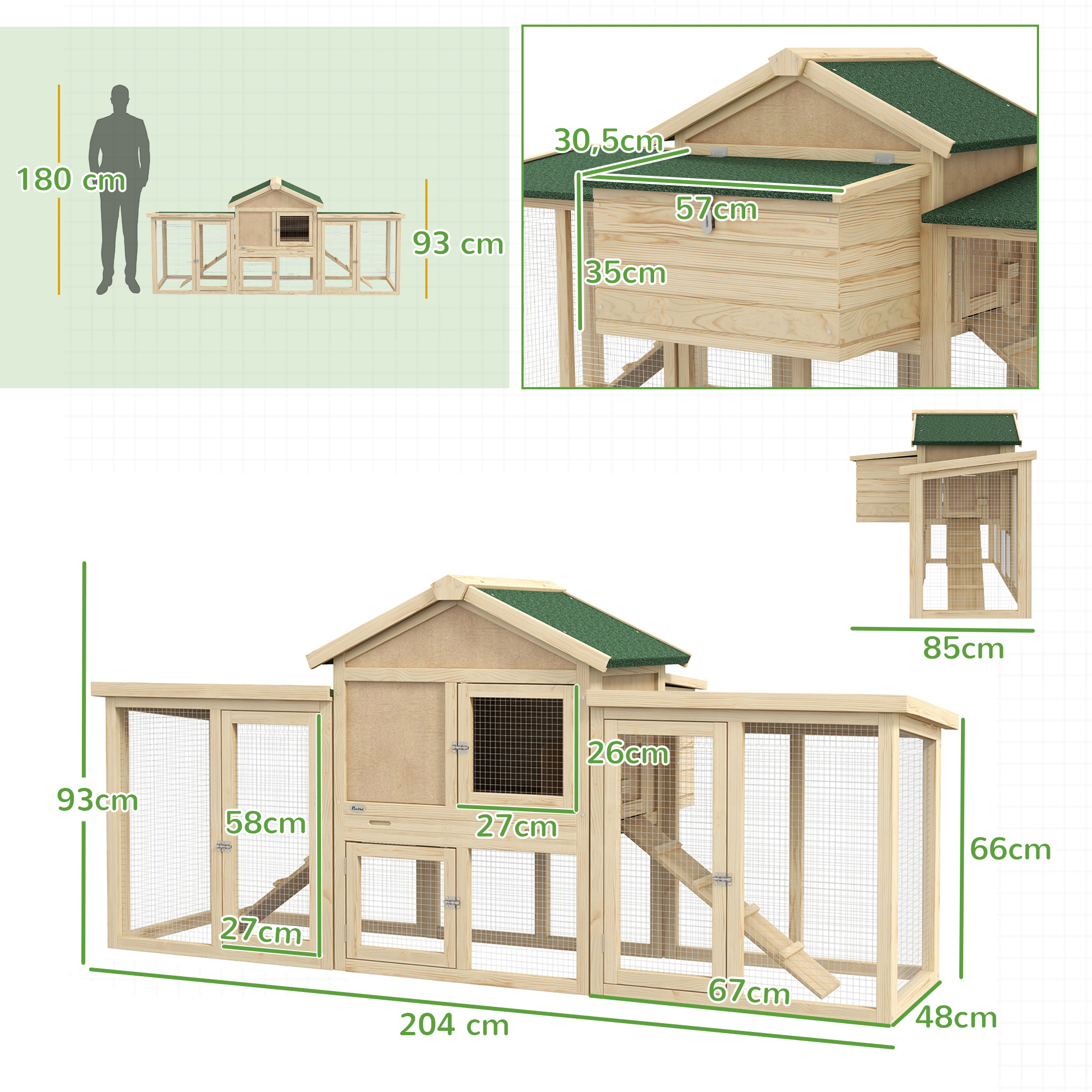 Hühnerstall mit Freigehege, inkl, Nistkasten, Rampe und Bodenwanne Tannenholz Naturholz