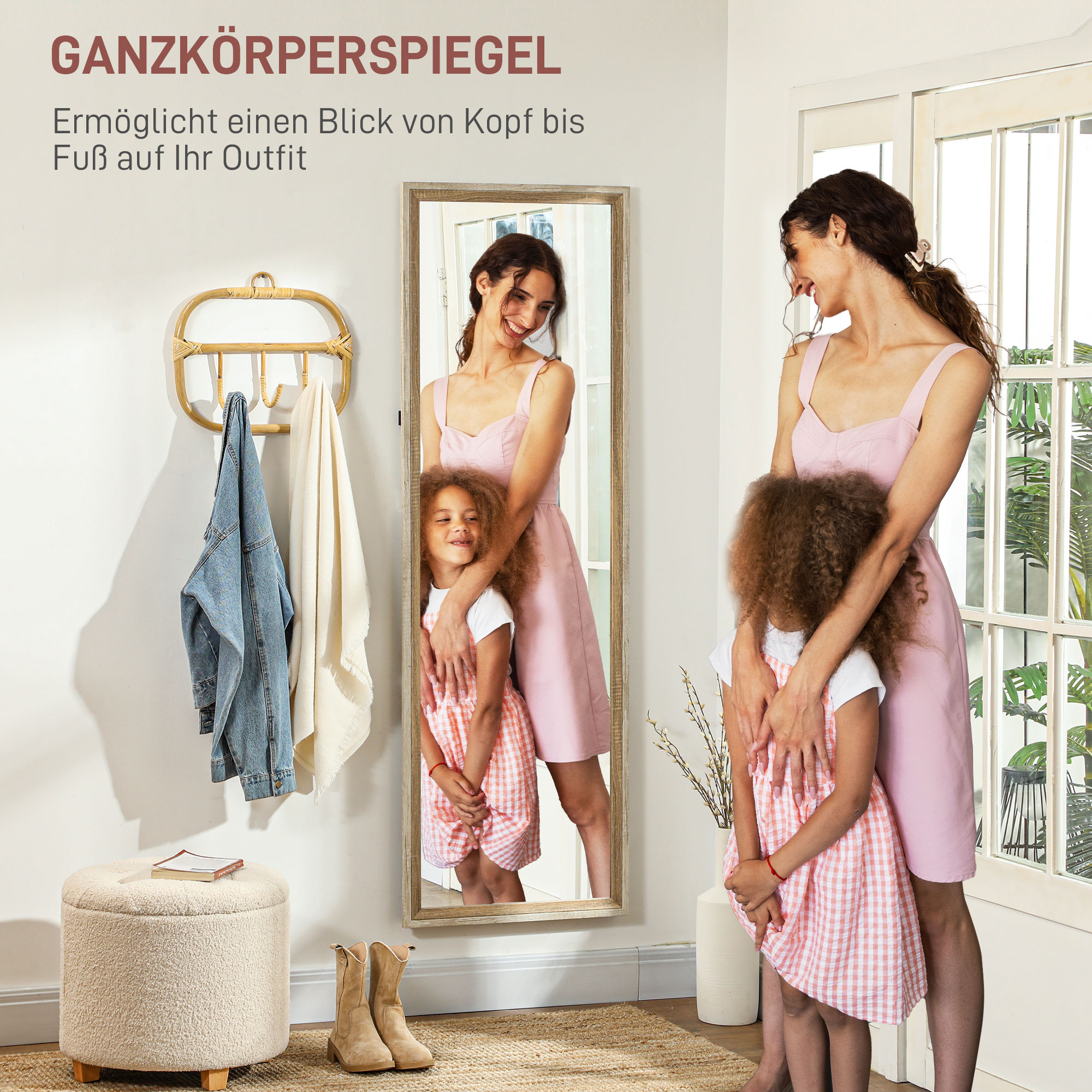 Ganzkörperspiegel, MDF-Rahmen, splitterfreie Folie, 162,6 x 53,3 cm, Naturholz