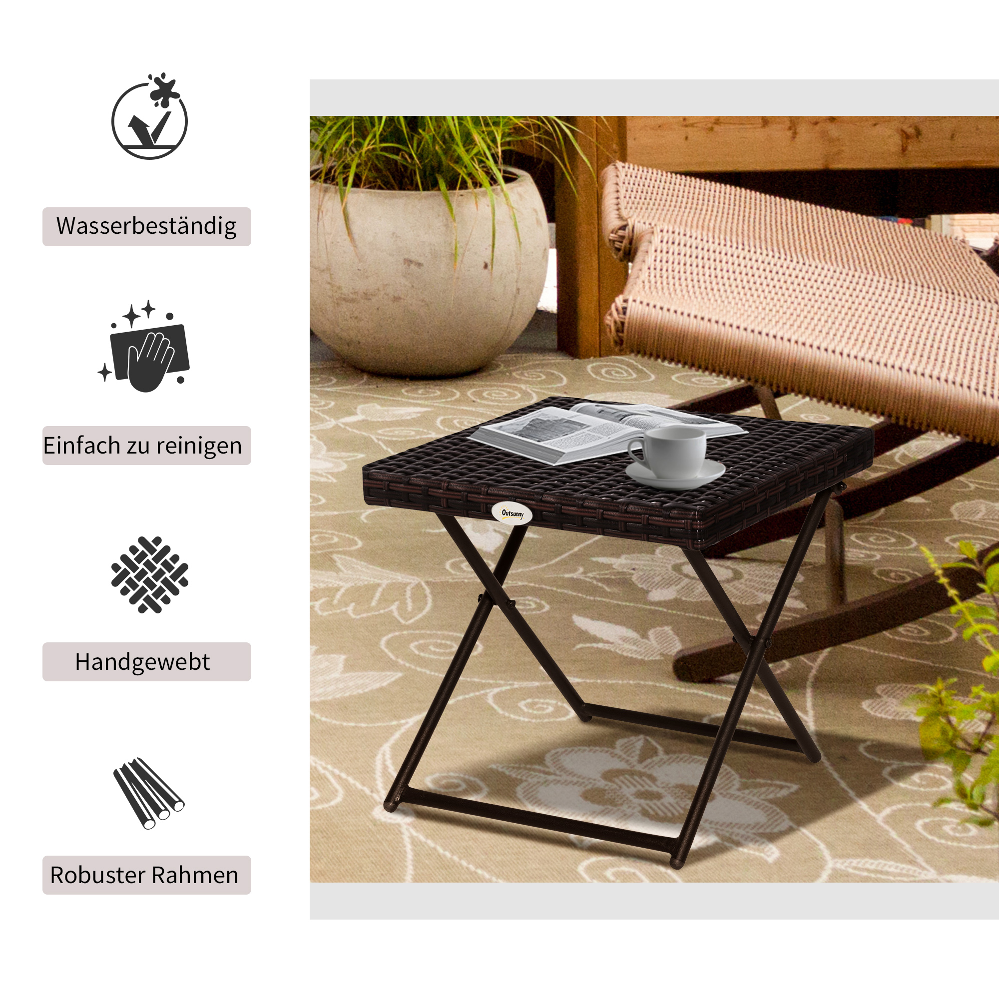 Beistelltisch aus Polyrattan klappbar Kaffeetisch Couchtisch Tablett Balkontisch Gartentisch Sofatisch Teetisch Gartenmöbel Rattantisch für Garten Terrasse Balkon, 40x40x40cm Braun