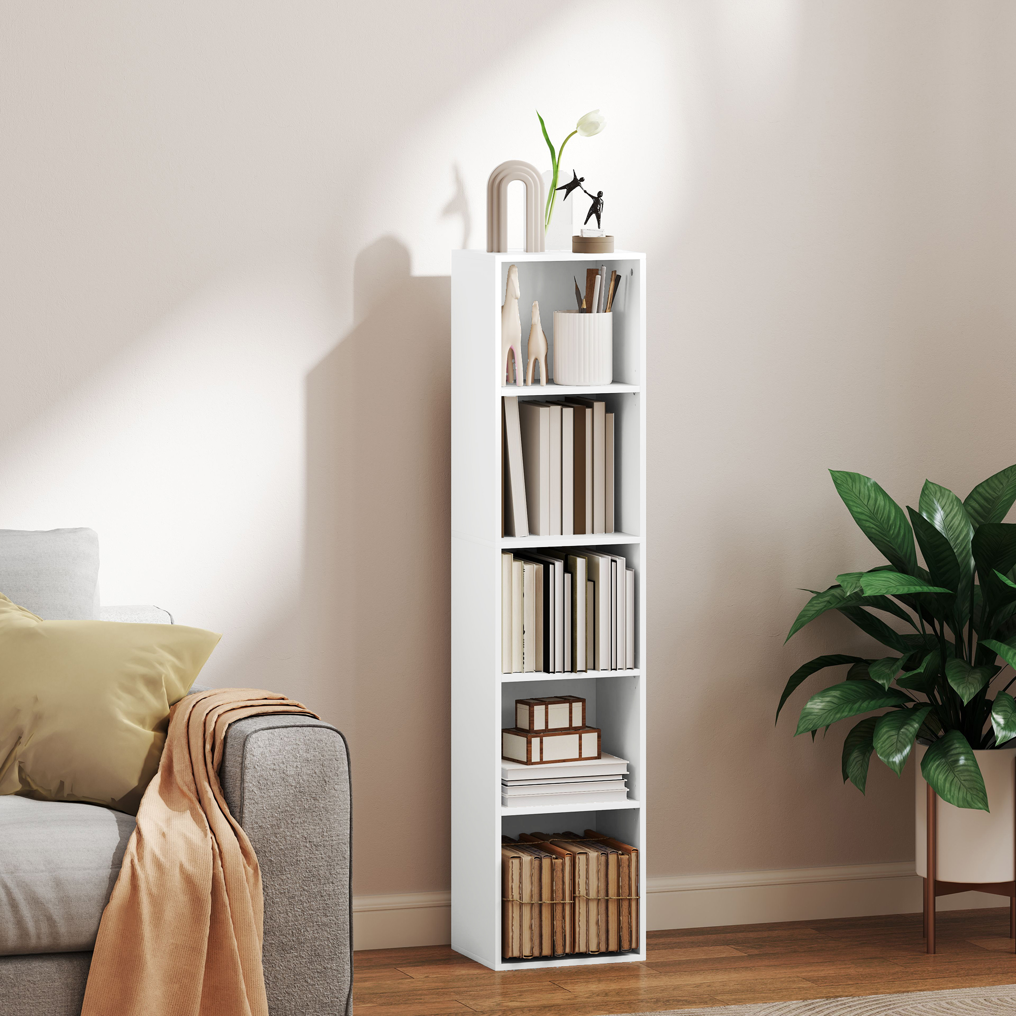 Bücherregal, 5 Fächer, verstellbare Regale, Holz, 30 x 24 x 133,5 cm, Weiß