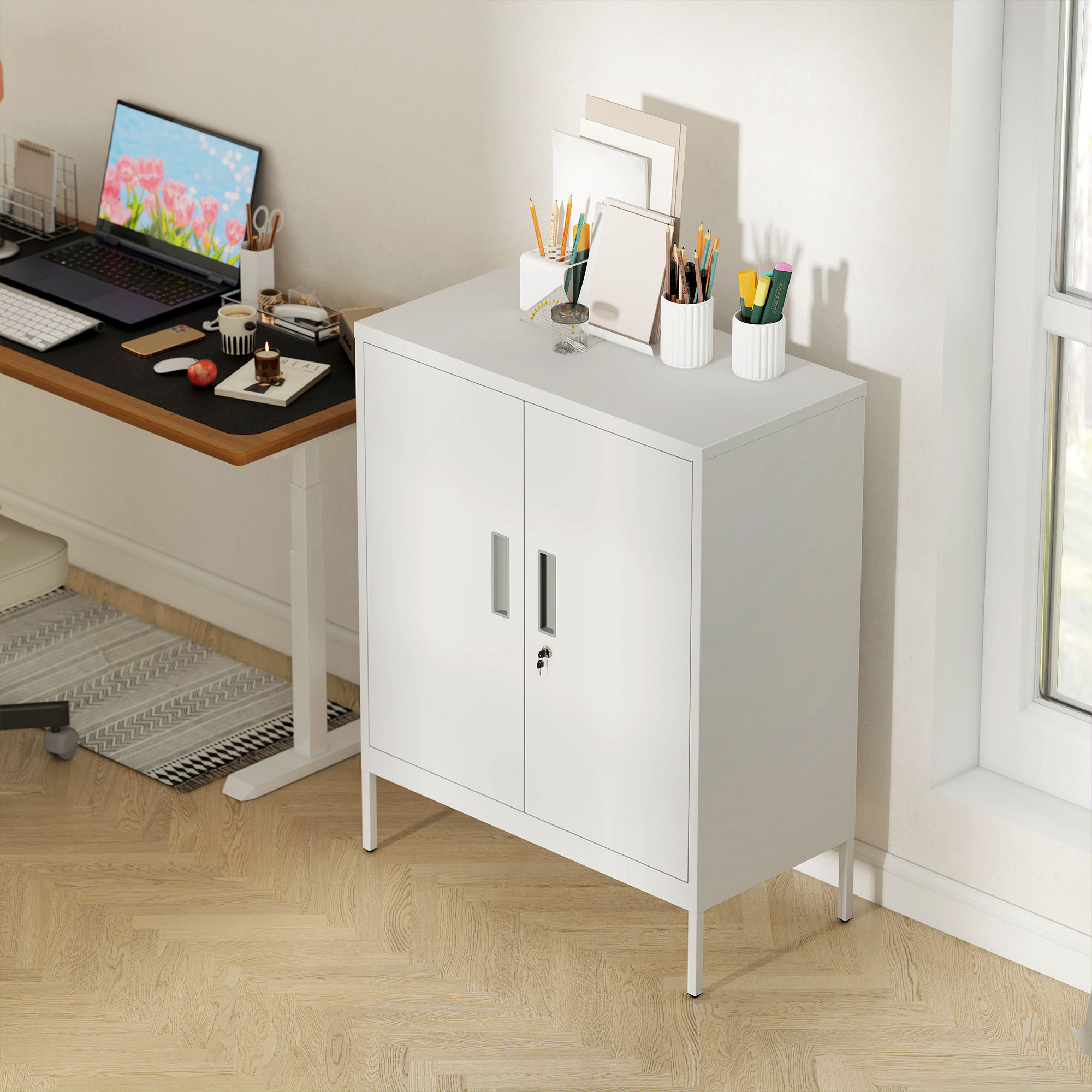 verschließbarer Stahlschrank mit 2 Türen, Büroschrank, verstellbare Regale, für Homeoffice, Wohnzimmer, Garage, Weiß