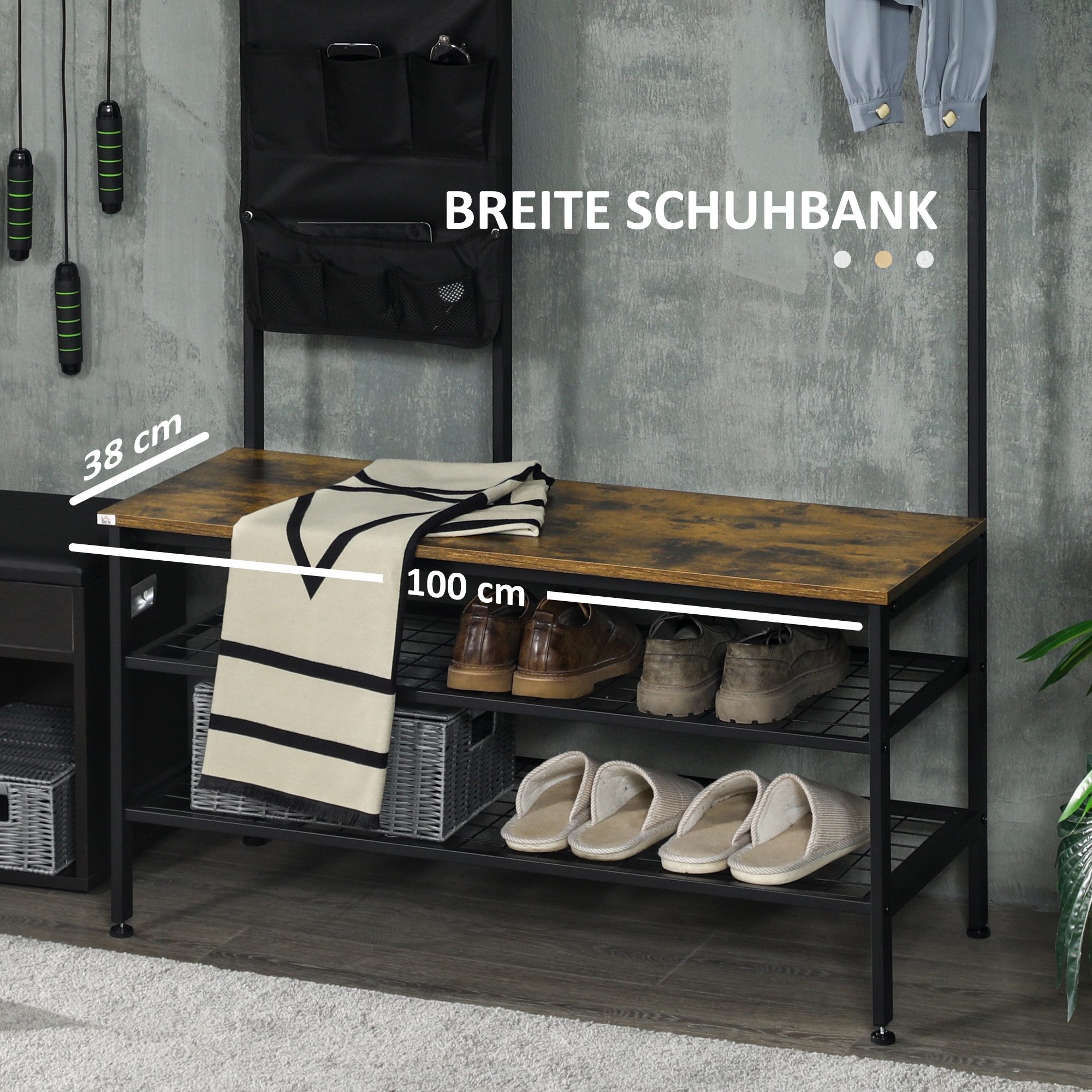 Garderobe im Industriedesign, 1 Memoboard, 1 Schuhbank, 8 Kleiderhaken, 1 Aufbewahrungstasche, Schwarz + Braun