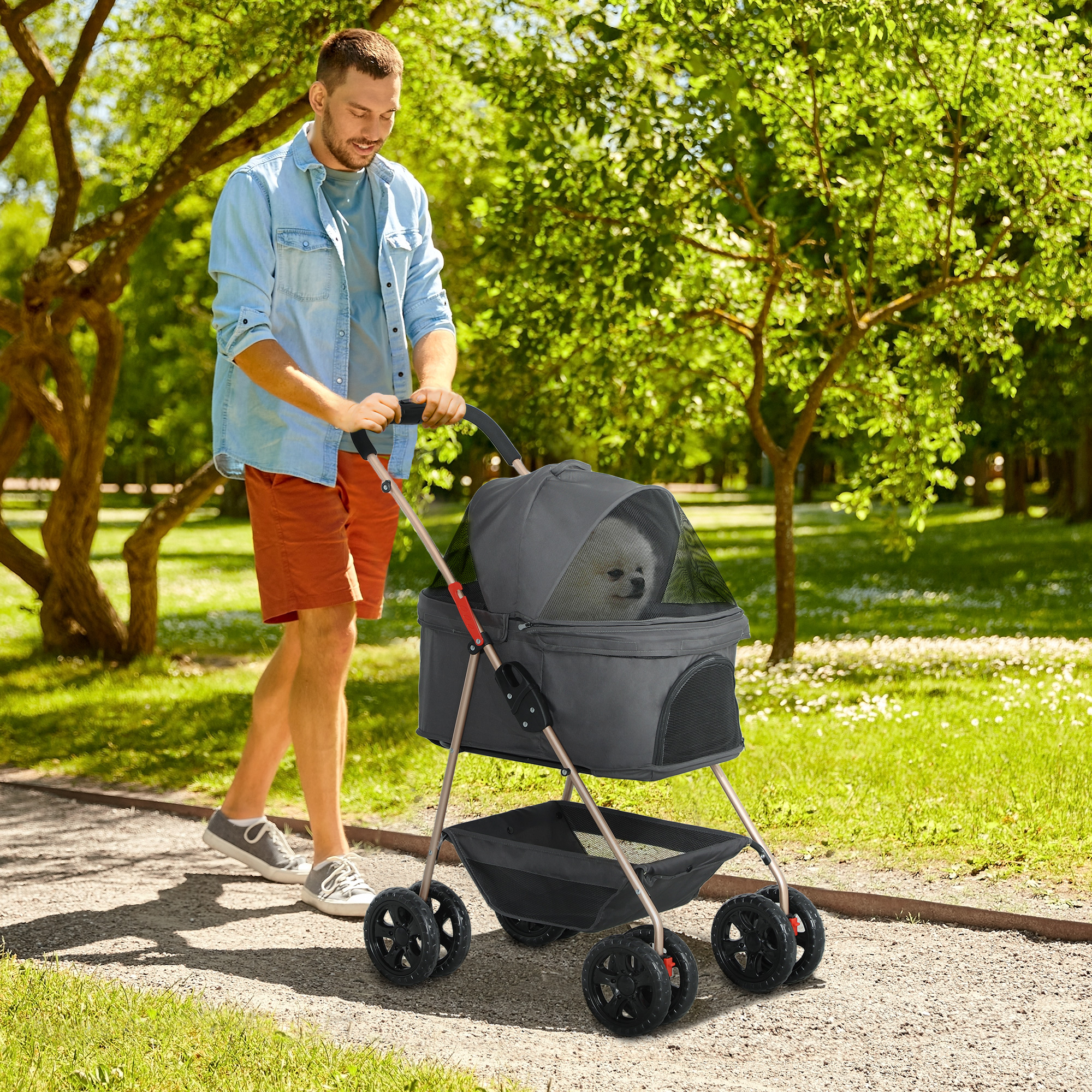 3-in-1-Haustierkinderwagen, zusammenklappbarer Hundewagen mit 4 Rädern und abnehmbarer Trage für Hunde und Katzen, Grau
