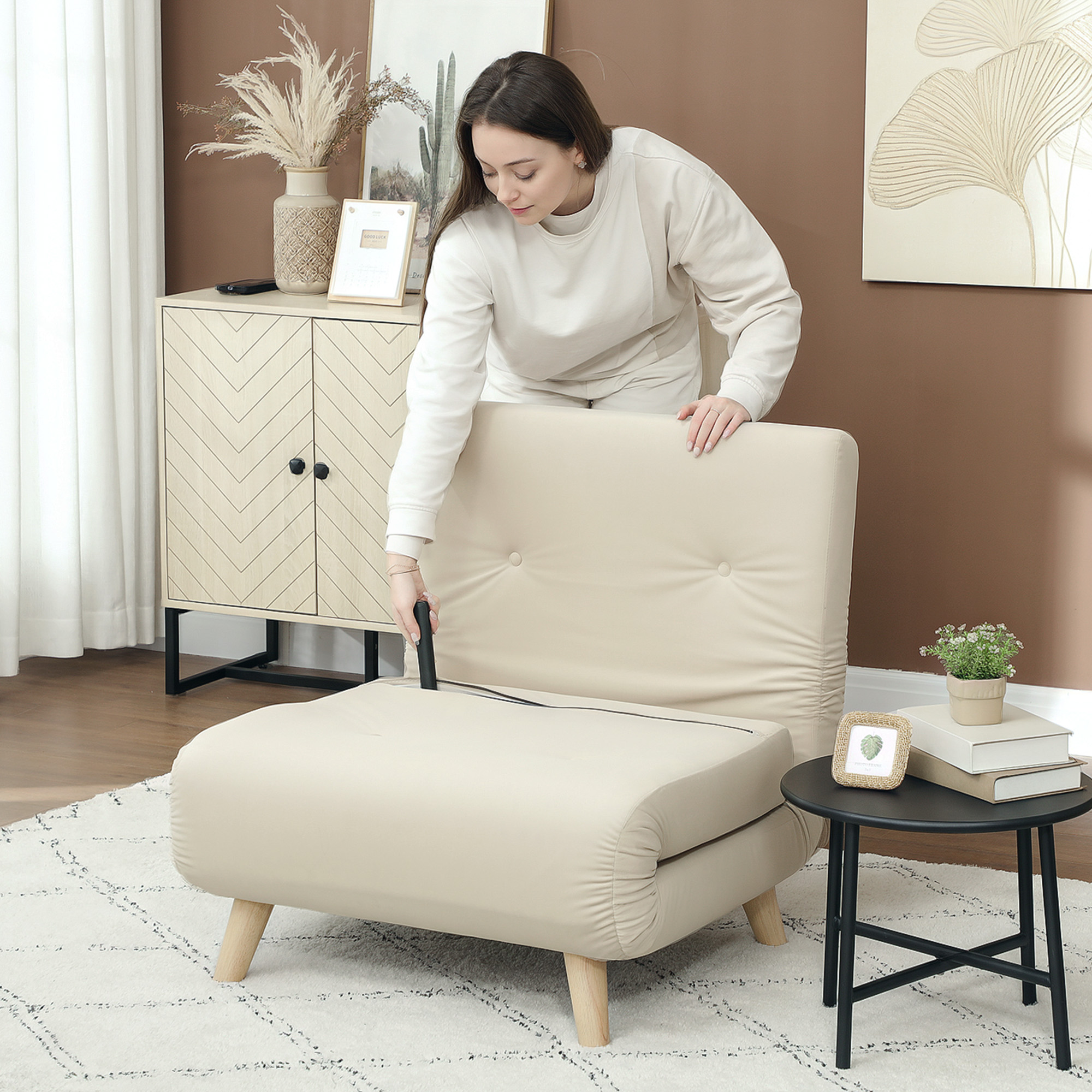 Klappsessel mit Bettfunktion, Klappbarer Relaxsessel in Samtoptik, Verstellbare Lehne, bis 120 kg belastbar, Beige