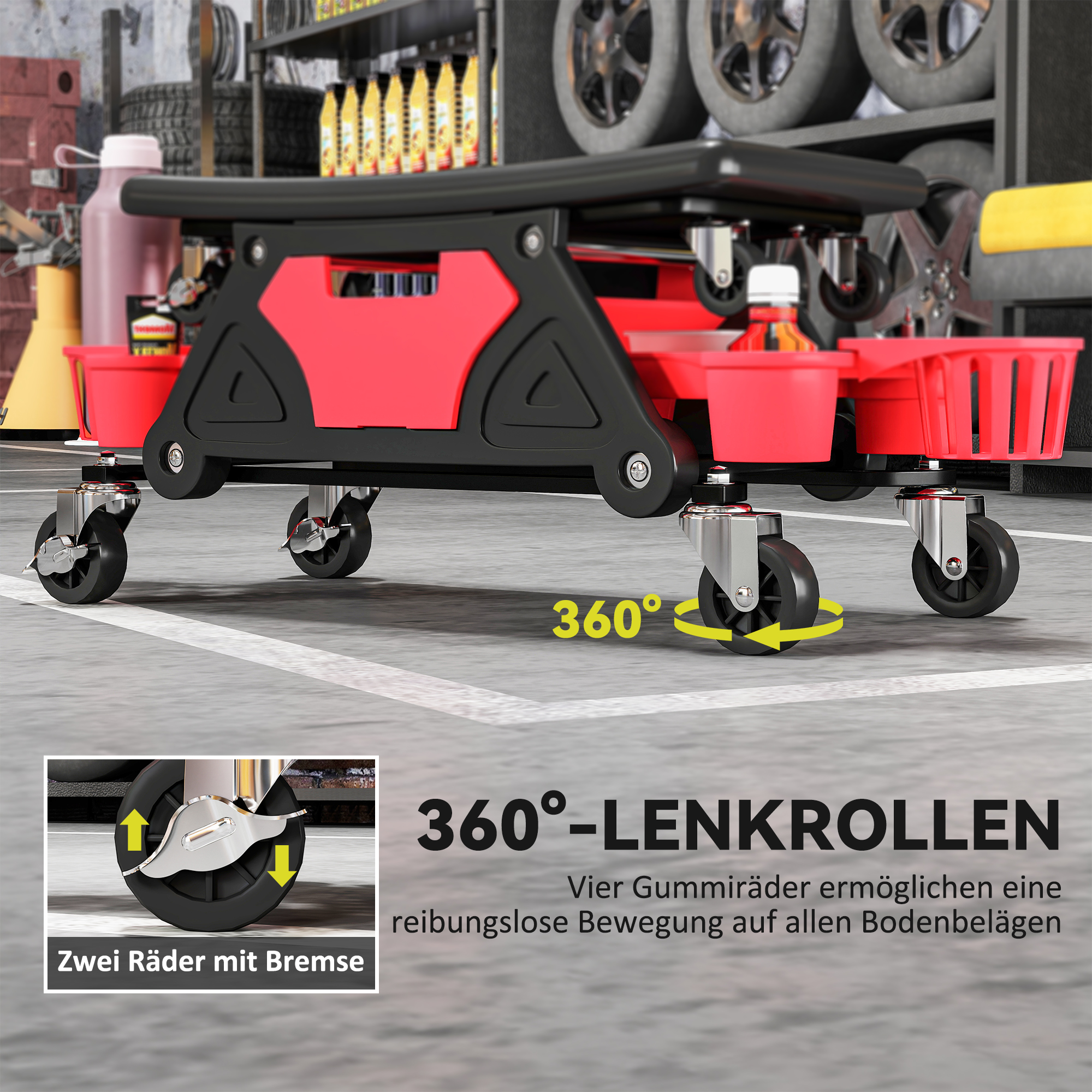 Werkstatthocker mit Rollen abnehmbar Sitz, Ablagefläche, 33cm hoch Rollhocker bis 135 kg belastbar Rot