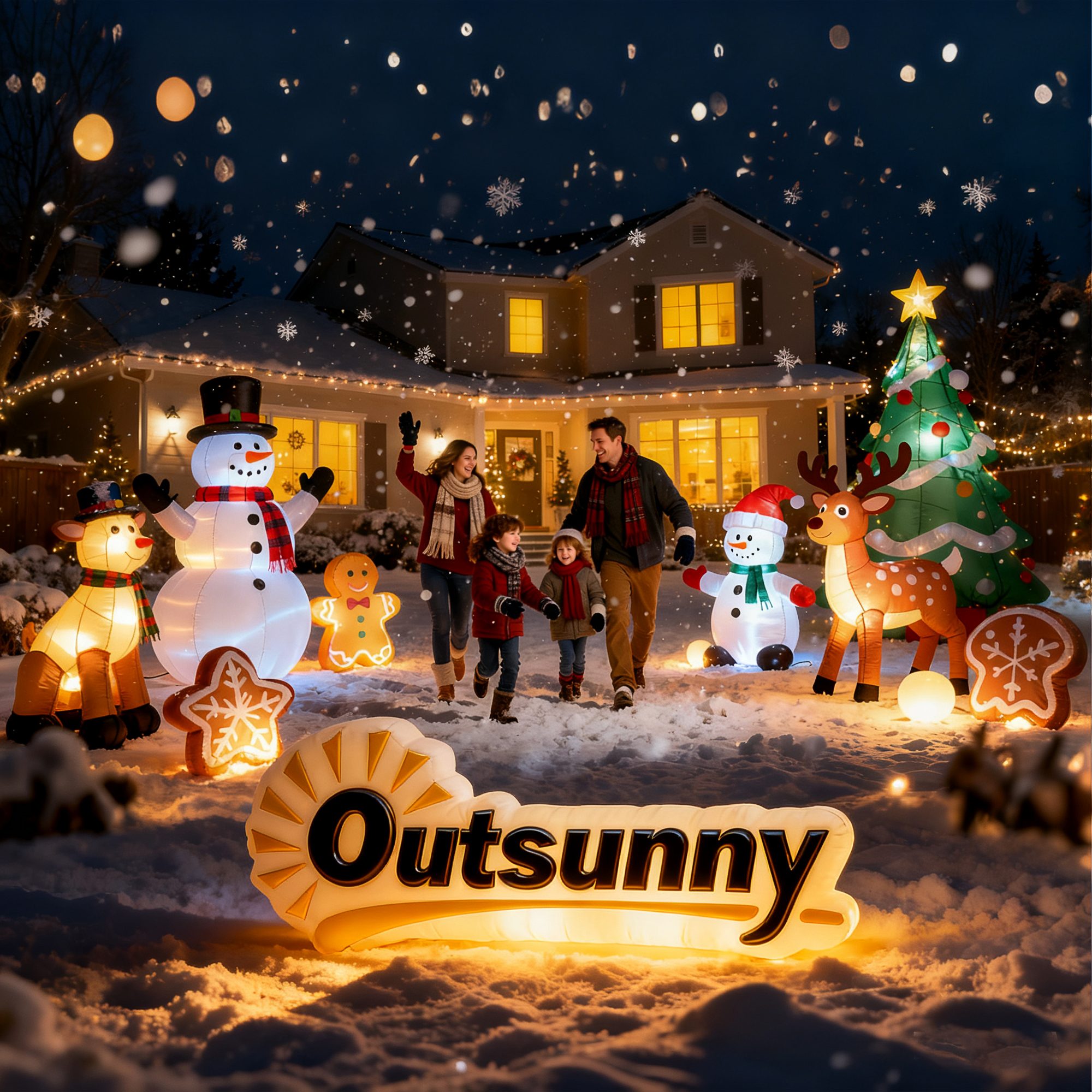 aufblasbarer Weihnachtsmann, 275 cm, mit Sack und Bär, Weihnachtsdeko mit integrierten LED-Lichtern