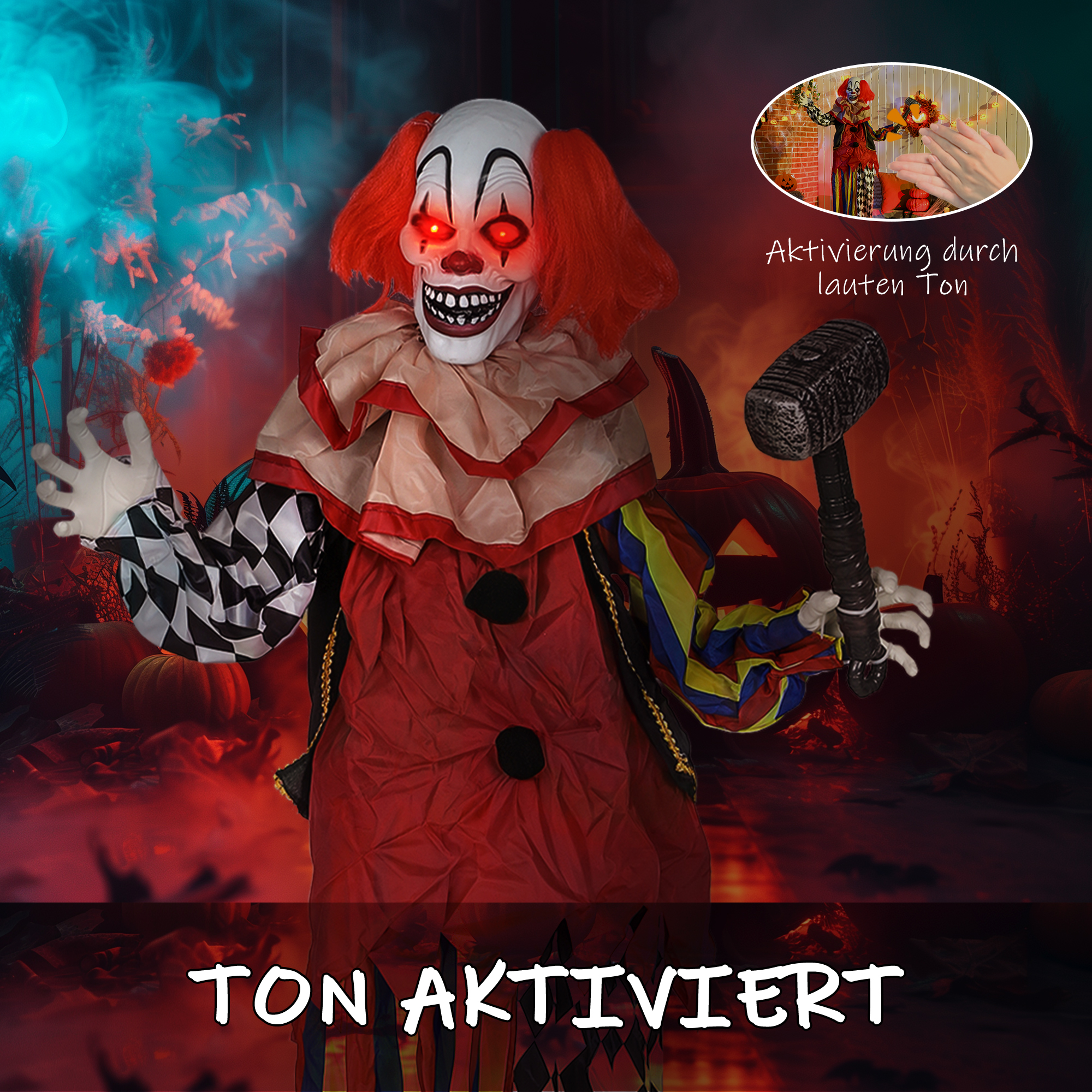 Grusel-Clown, Halloween-Animatronik, 173 cm, leuchtende Augen, Geräusch-Aktivierung, bewegliche Arme und Kopf, Batteriebetrieb, Kunststoff, Metall, Rot
