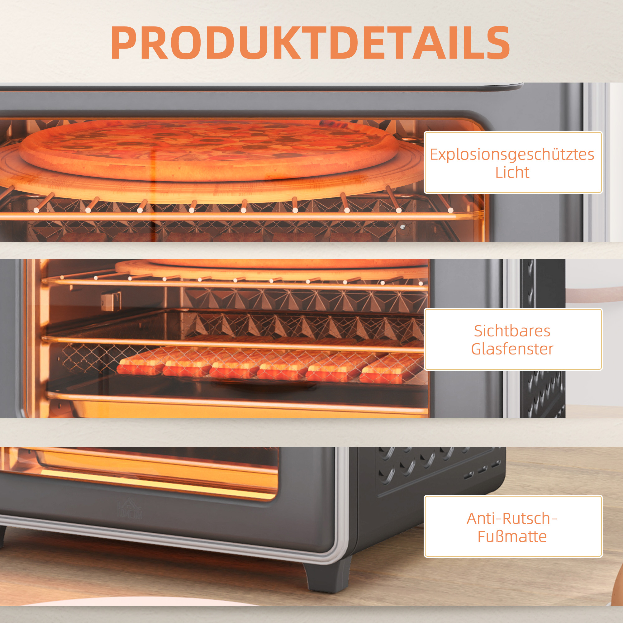 Minibackofen, 20L, 5 Funktionen, 360° Heißluft, Grillrost, Krümelblech, Grau