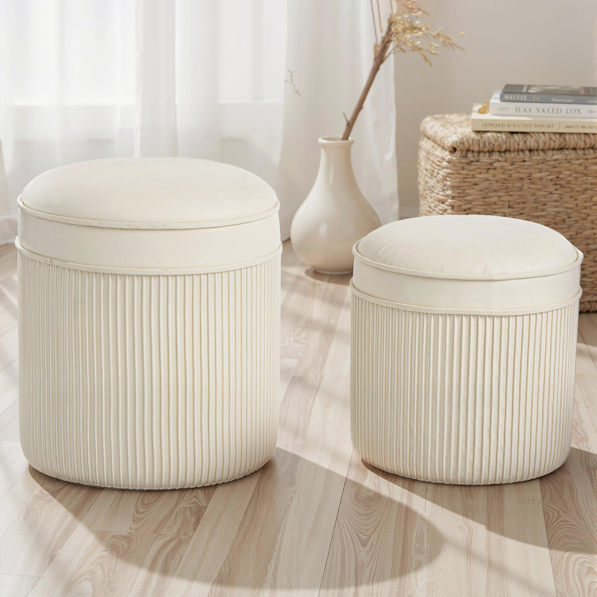 2er Set Sitzhocker mit Stauraum Hocker mit Deckel, Runder Fußhocker mit Samtoptik 36 x 36 x 41,5 cm Cremeweiß
