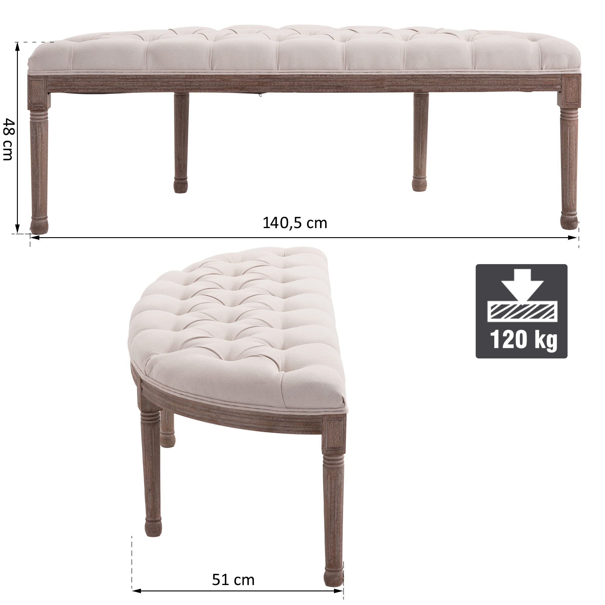 Polsterbank Sitzbank Lounge Sitzhocker Vintage Retro mit Knöpfen Sofa Couch Leinen + Holz beige 140,5 x 51 x 48 cm
