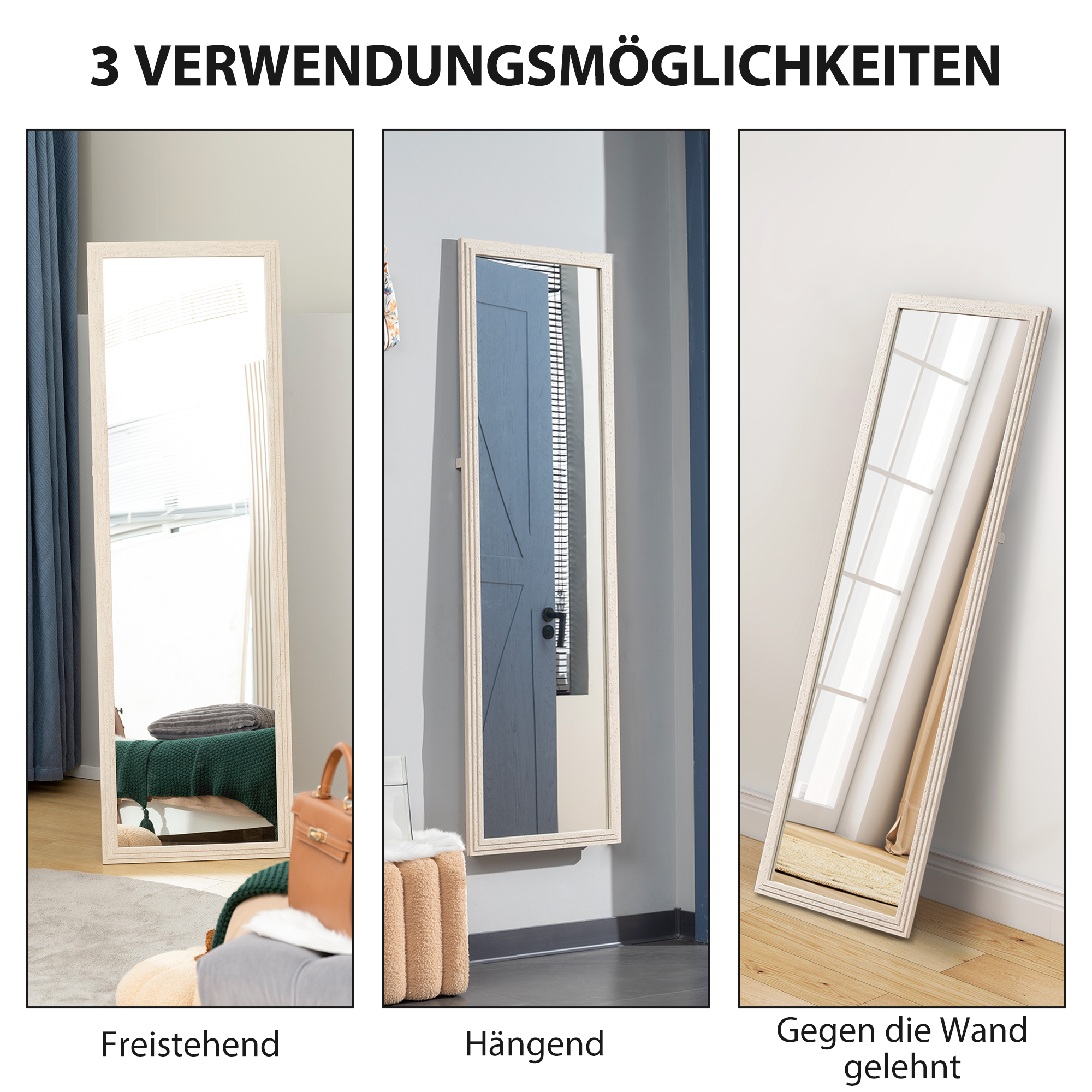 160 x 50 cm Ganzkörperspiegel, vielseitig verwendbar, rechteckiges Design mit Rahmen, Weiß