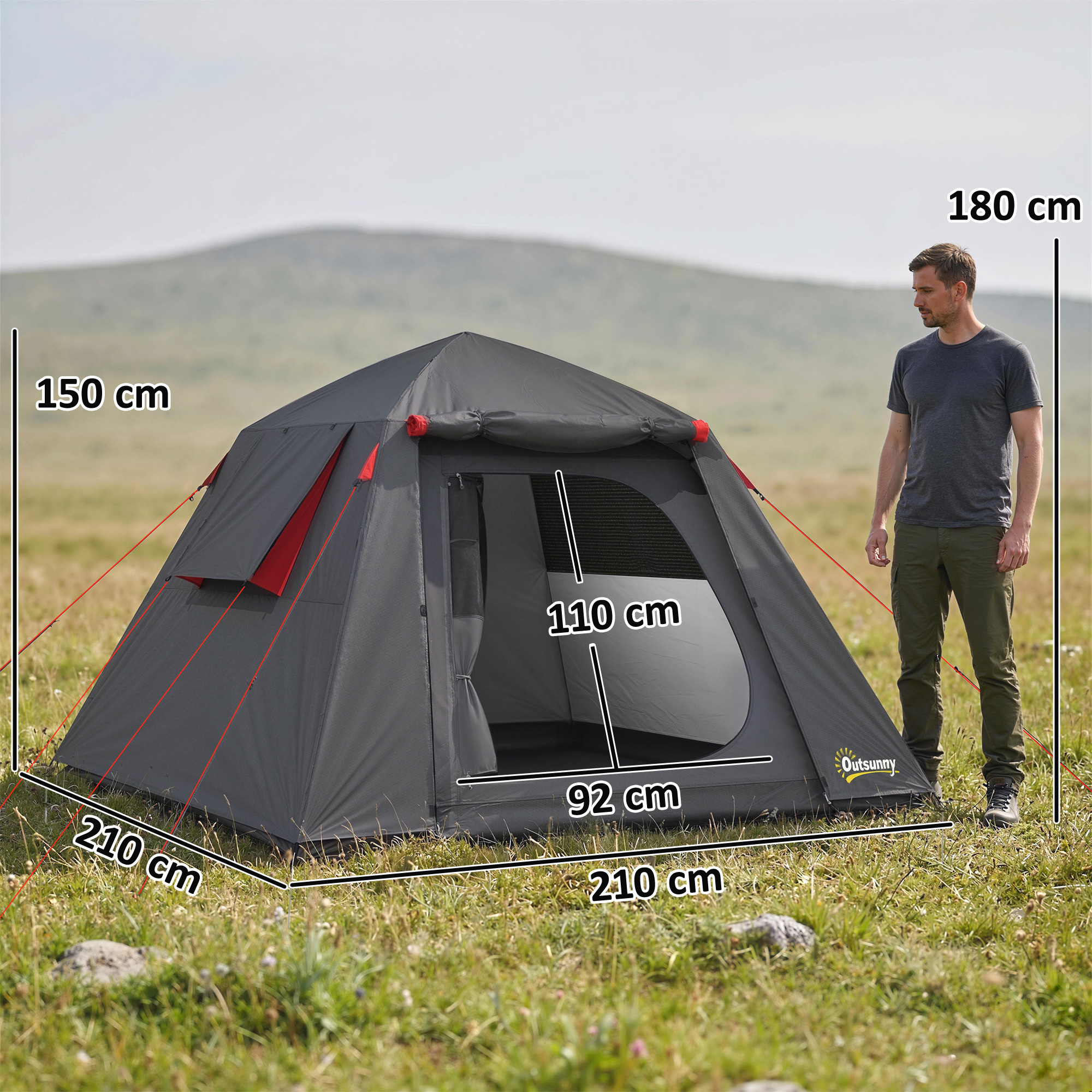 Campingzelt 2 Personen 3000mm Wasserdicht & Winddicht Kuppelzelt mit 2 Türen 2 Netzfenstern 2 Seitenfenster Tragetasche