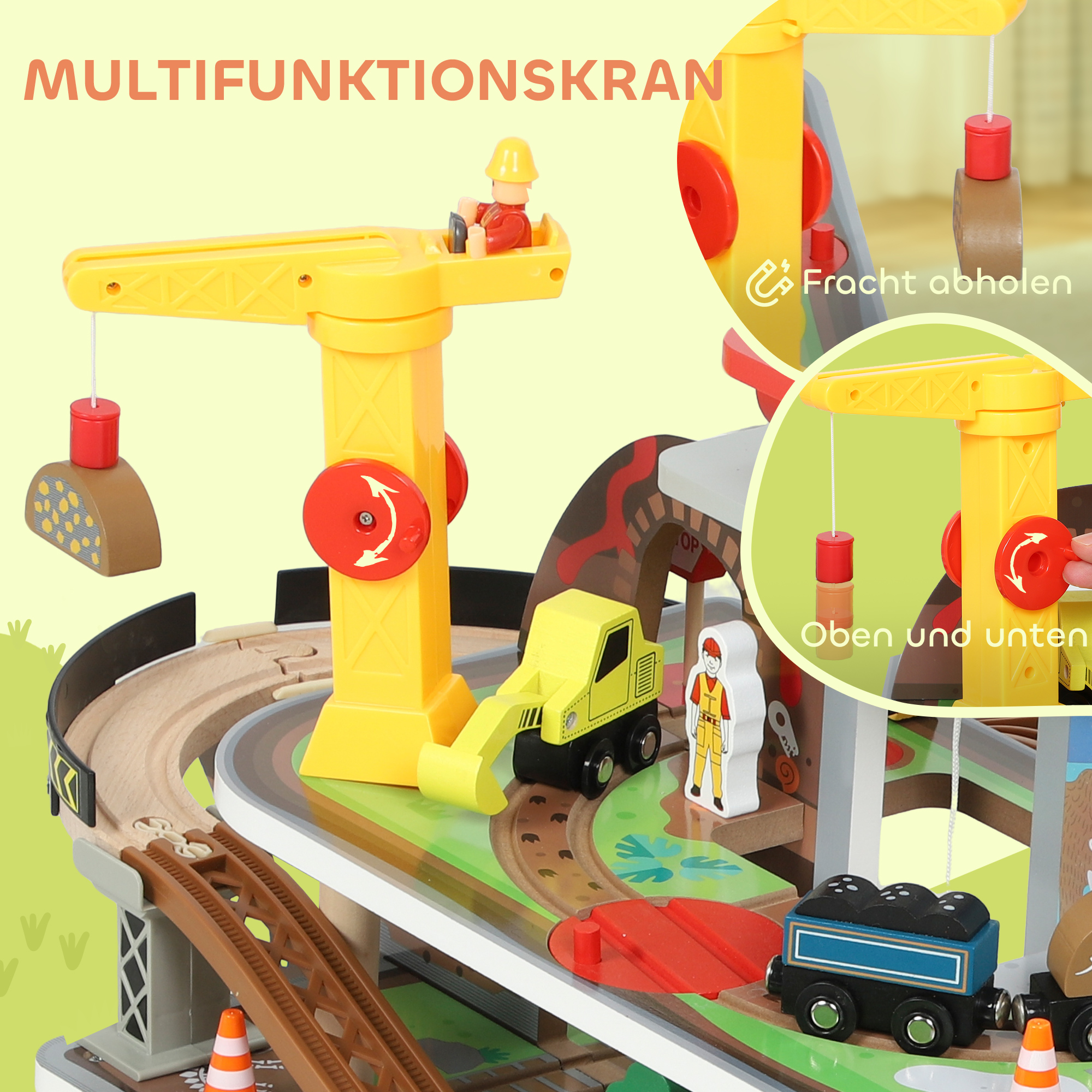 Eisenbahnset aus Holz, 79 Teile, 4 Ebenen, Aufzug, Kran, erweiterbar, Bunt