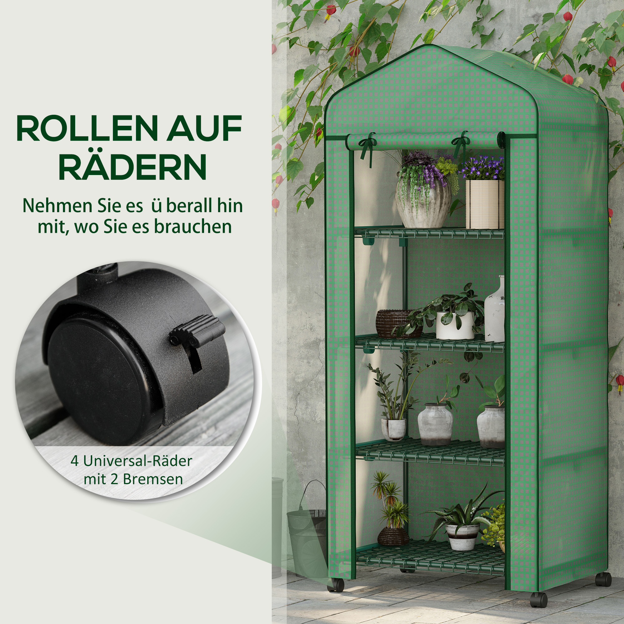 Folien-Gewächshaus, Treibhaus, Mini-Gewächshaus, Pflanzenhaus, Frühbeet, 4 Regalfächer, 69 x 50 x 165 cm, Grün