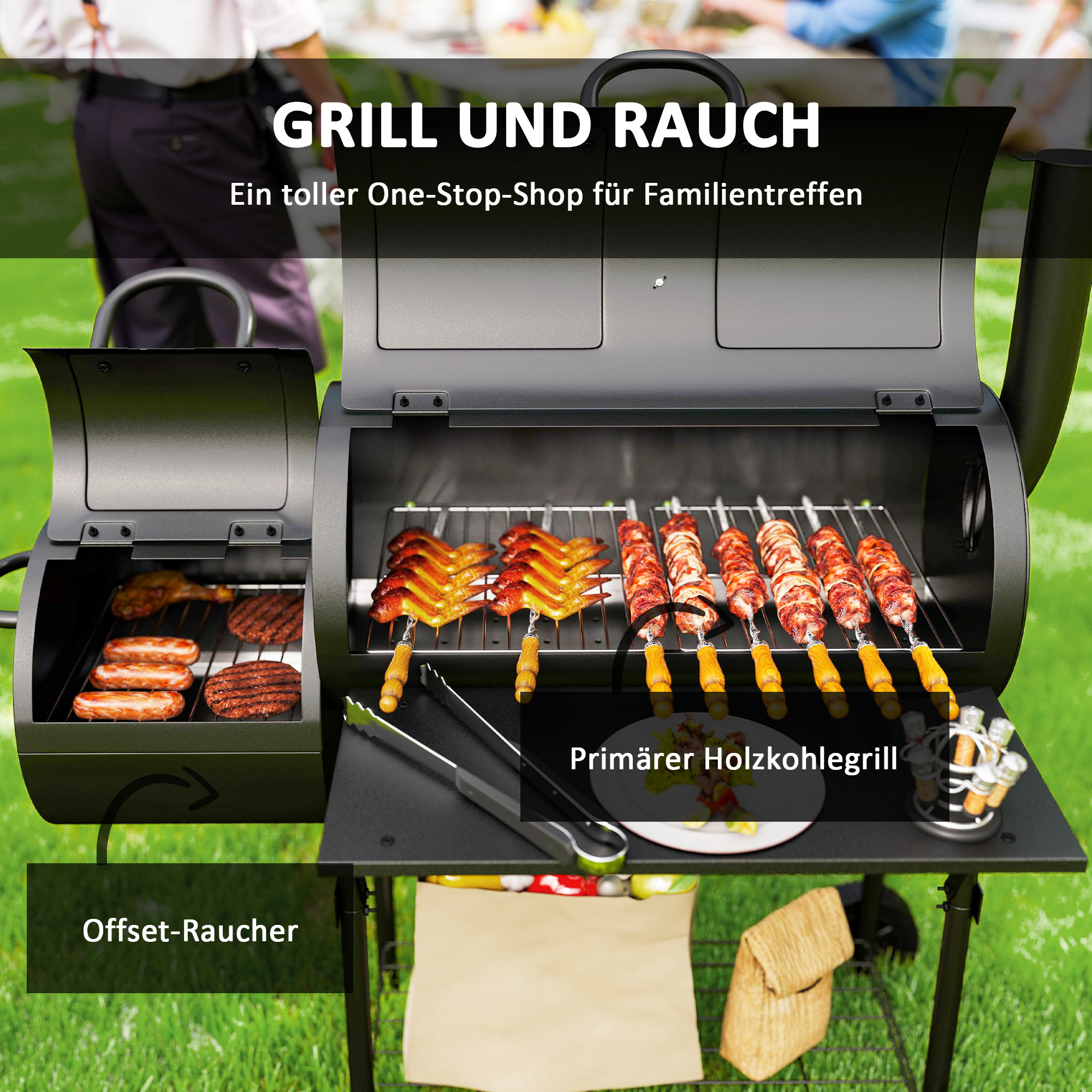Holzkohlegrill aus Stahl BBQ Smoker mit Deckel Thermometer Räder Luftzufuhr Kohlewanne