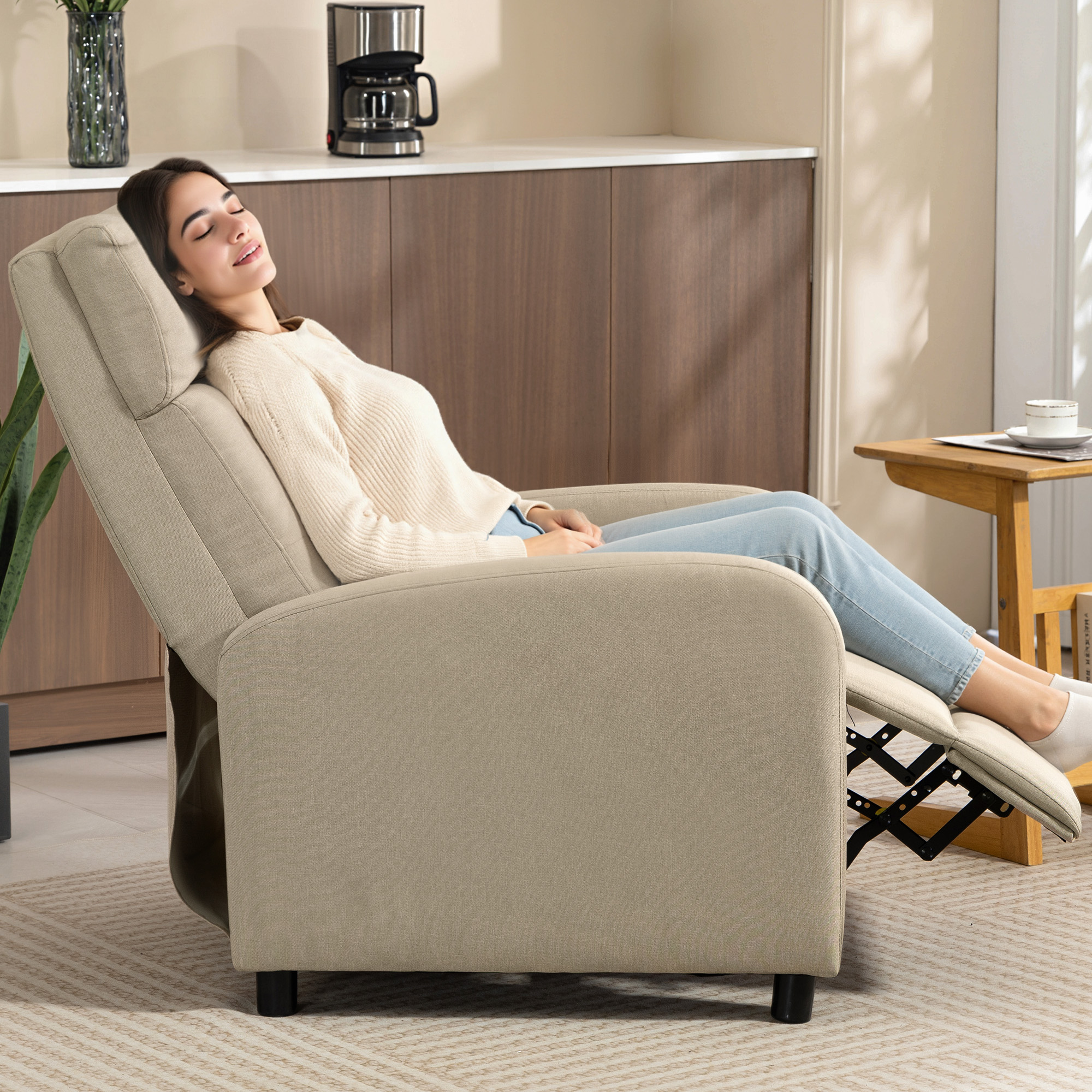 Relaxsessel mit Liegefunktion, ausfahrbares Fußteil, Taschenfederkern, bis 150 kg, Beige