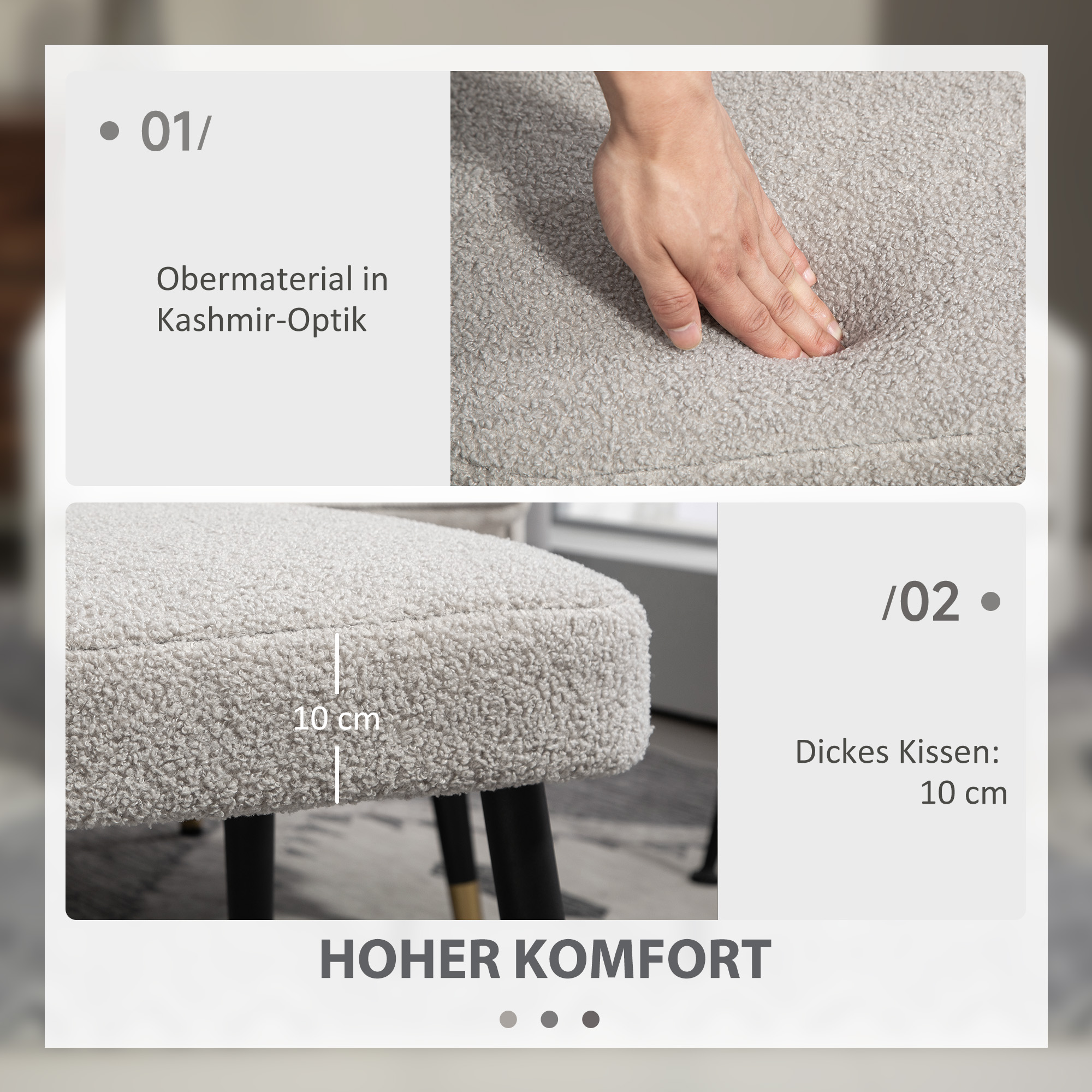 Hocker, Fußstütze, gepolsterter Sitz, Kaschmir-Optik, Stahlbeine, 42 x 42 x 44 cm, Hellgrau