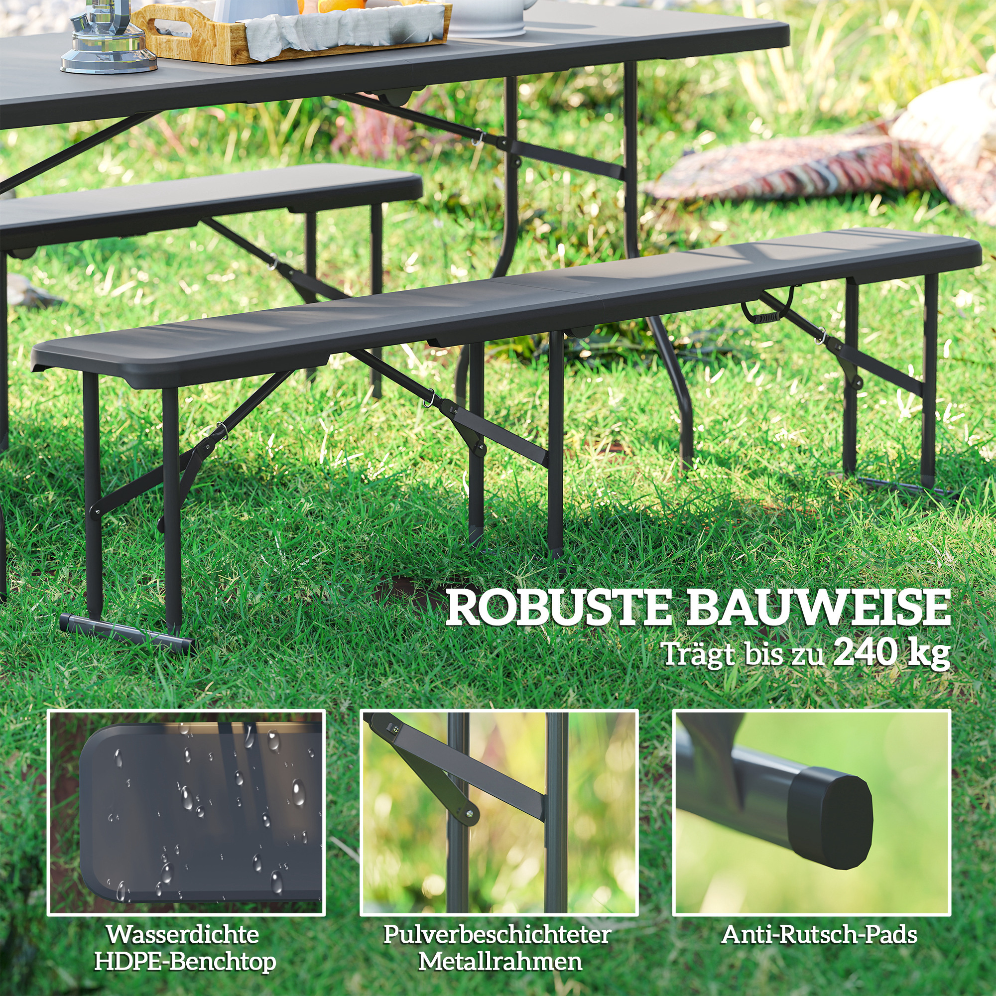 Campingbank, Kunststoff-Outdoor-Bank, 240 kg Belastbarkeit, Schwarz