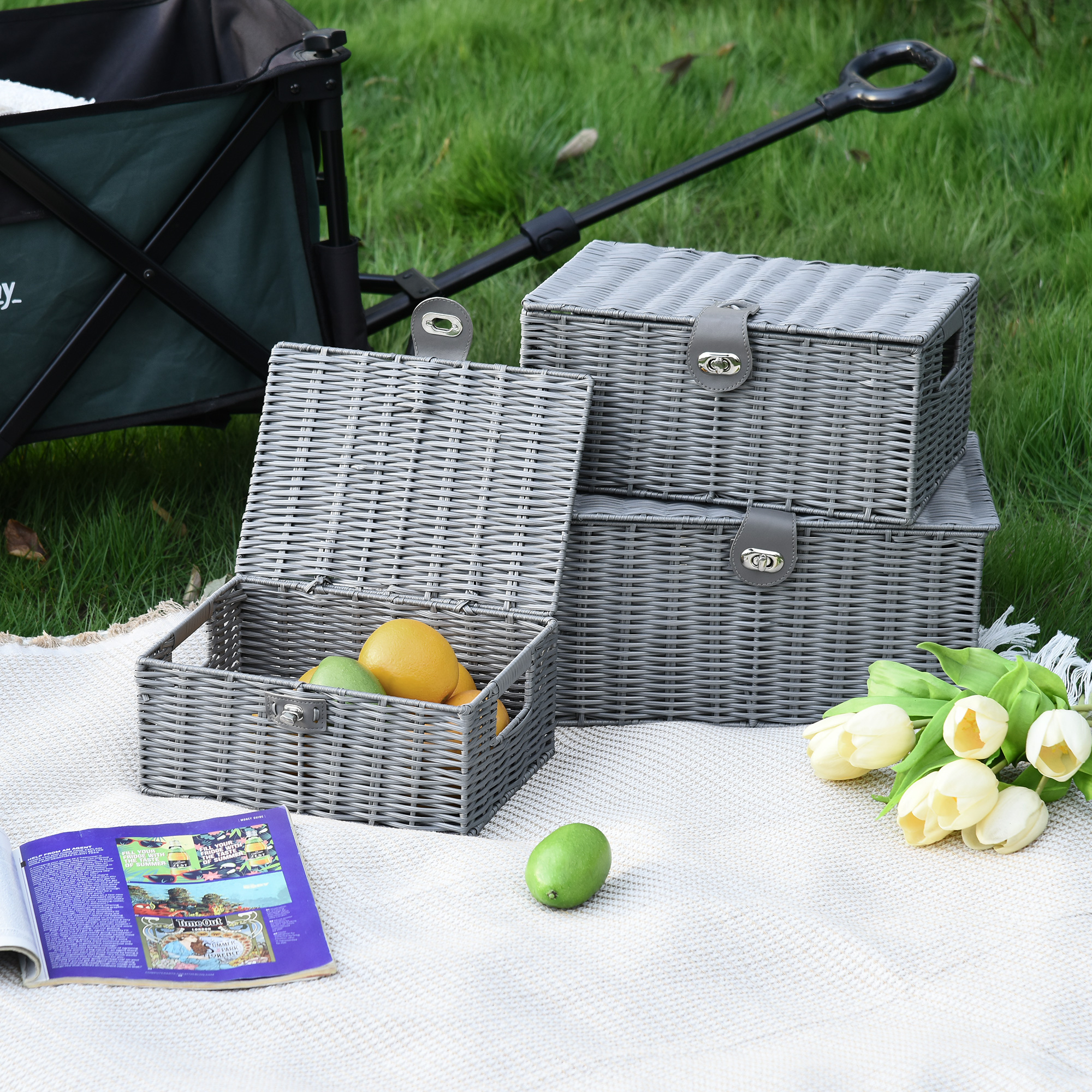 3er-Set Aufbewahrungskörbe aus PE- Rattan, mit Verschluss, Tragegriffen, 35,5 cm x 28,5 cm x 18 cm, Grau