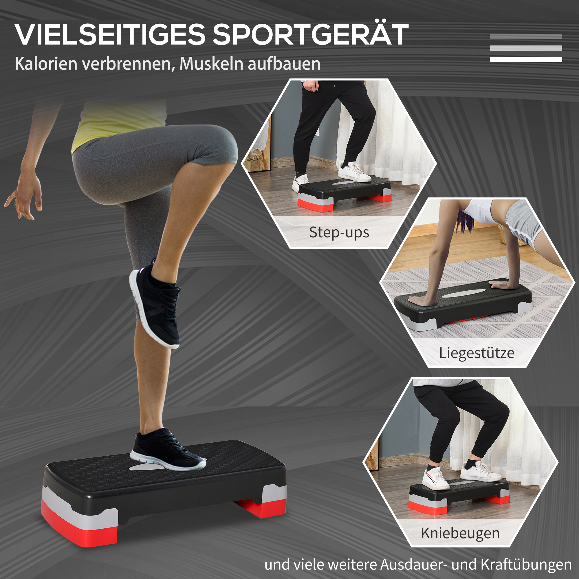 Aerobic-Stepper 2-stufig höhenverstellbar 68 x 28 x 15 cm Schwarz+Grau+Rot