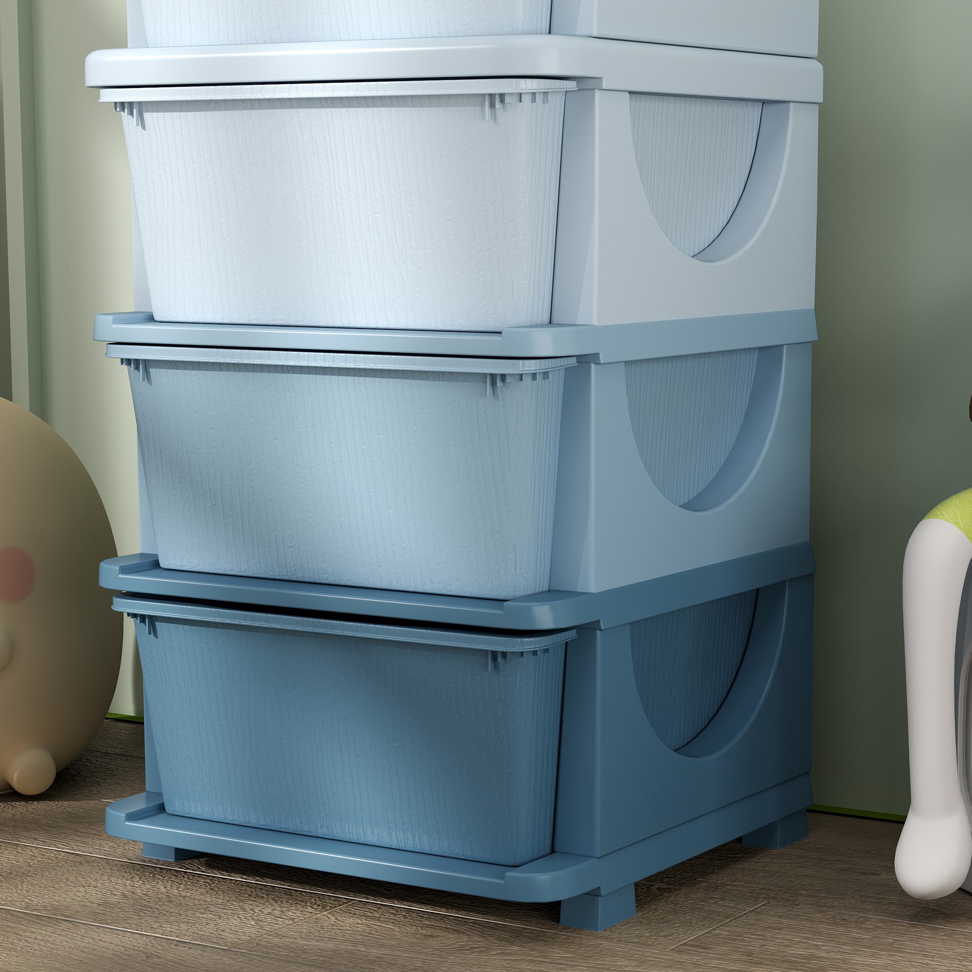 Aufbewahrungsboxen für Kinder, 4 Schubladen, abgerundete Kanten, erhöhtes Design, Kunststoff, Blau