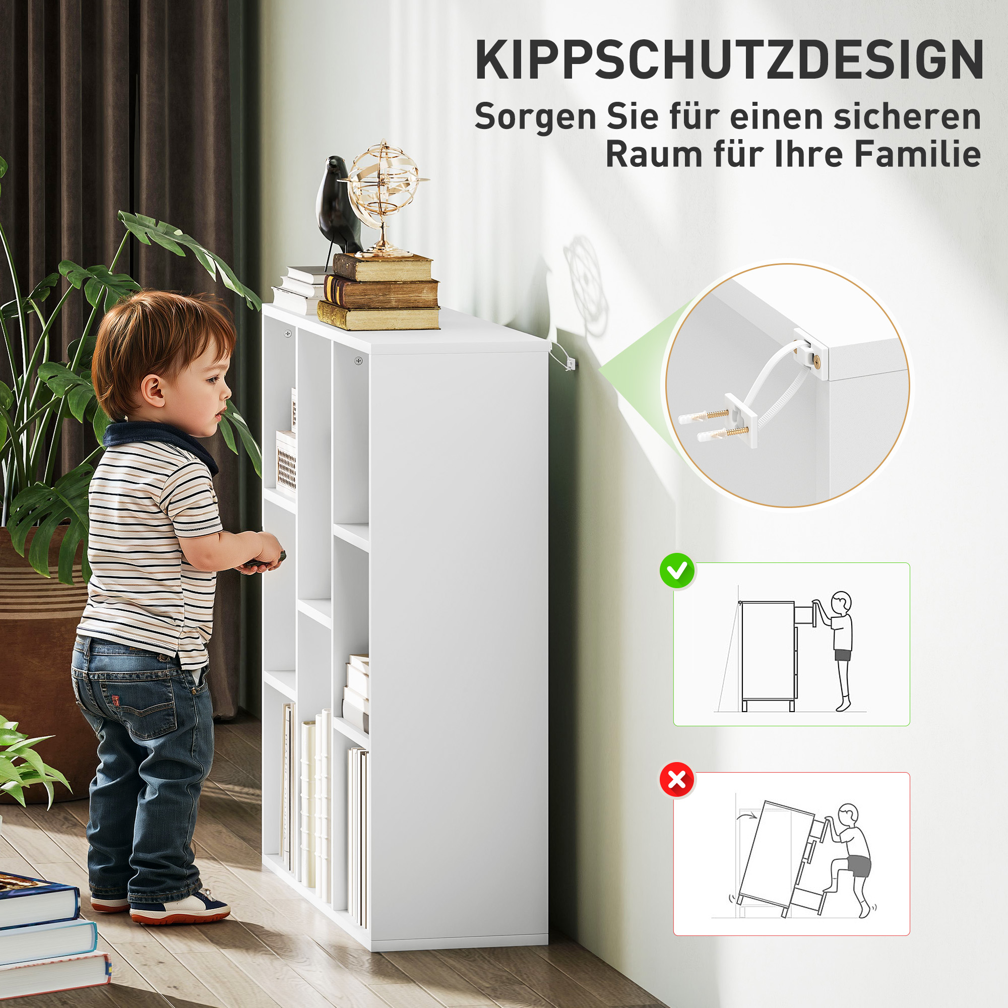 3-Ebenen-Bücherregal, 8 Fächer, Spanplatte, Aufbewahrungsregal, Weiß