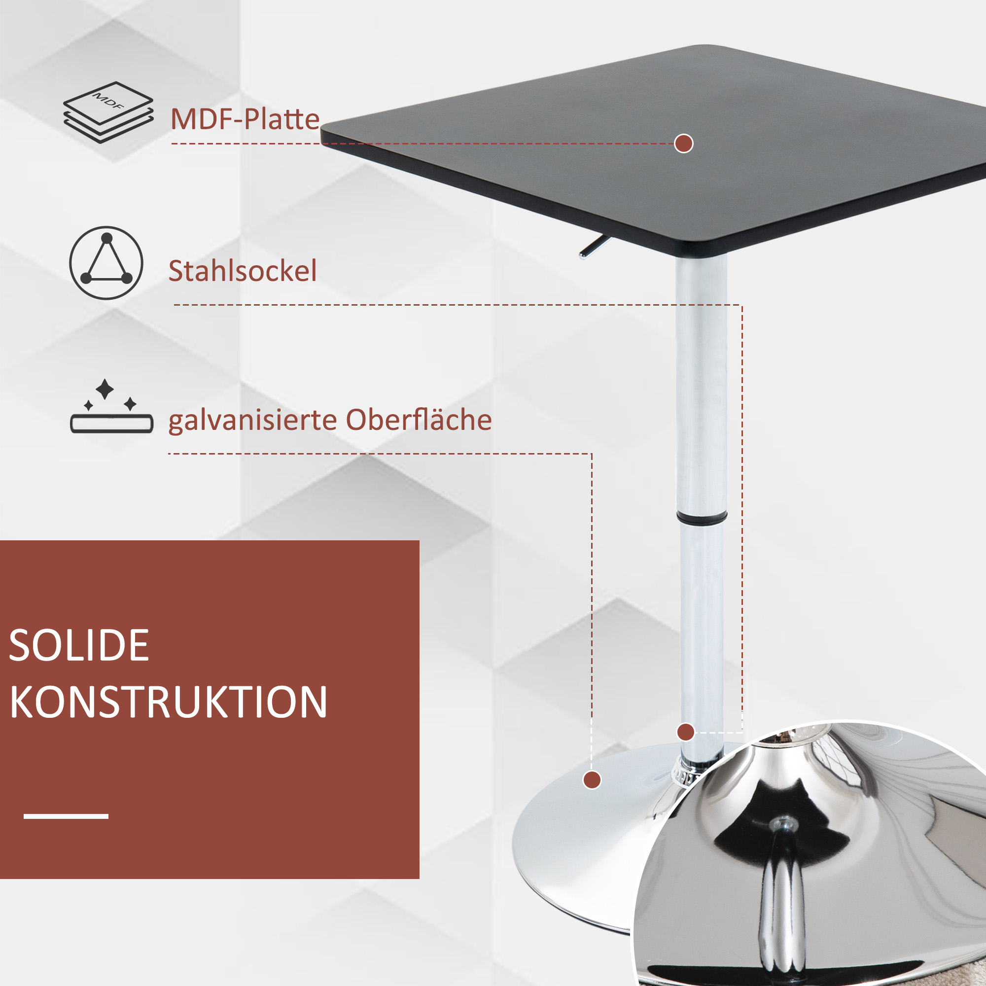 Höhenverstellbarer Bartisch, 360° drehbar, kratzfeste Füße, stabile Metallbasis, Schwarz/Silber