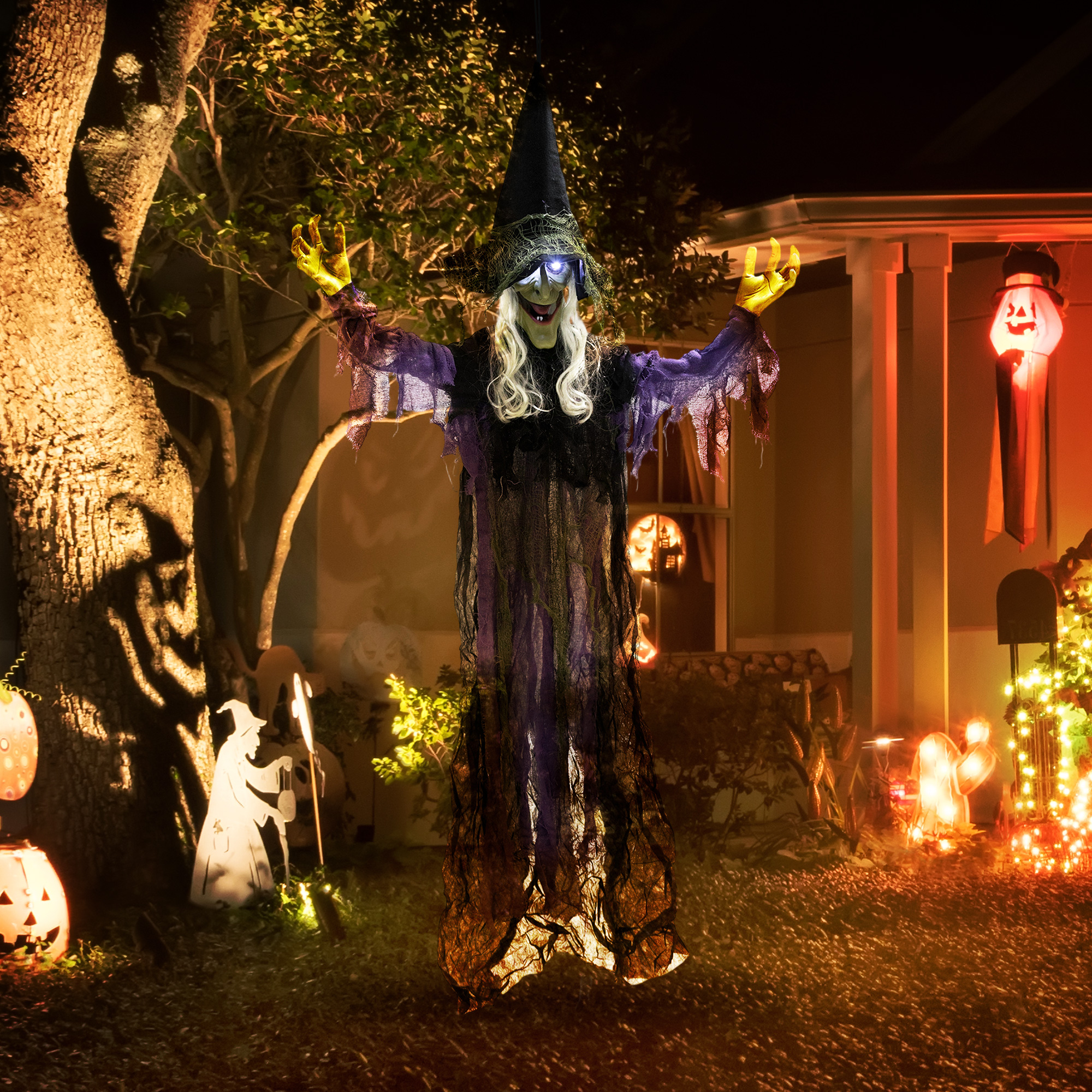 183cm Halloween Dekoration Hängende Halloween Hexe mit LED-Lichter, Soundfunktion verstellbare Arme, Mund