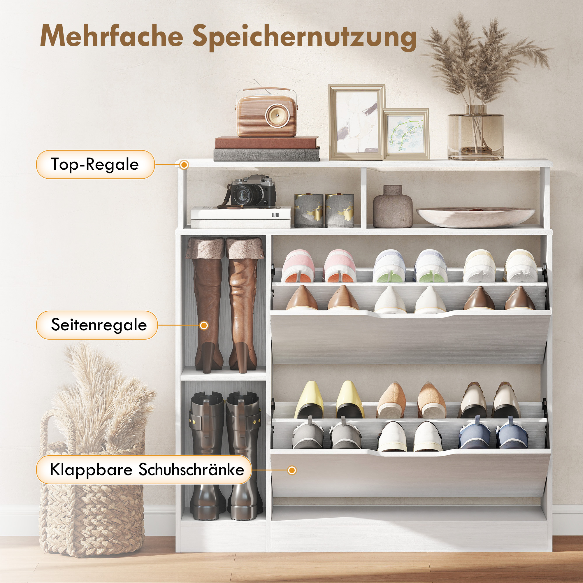 Schuhschrank mit 2 Klappen Schuhkipper mit Verstellbar Trennwand, offenem Fach für 12 Paar Schuhe 89 x 25 x 92 cm Weiß