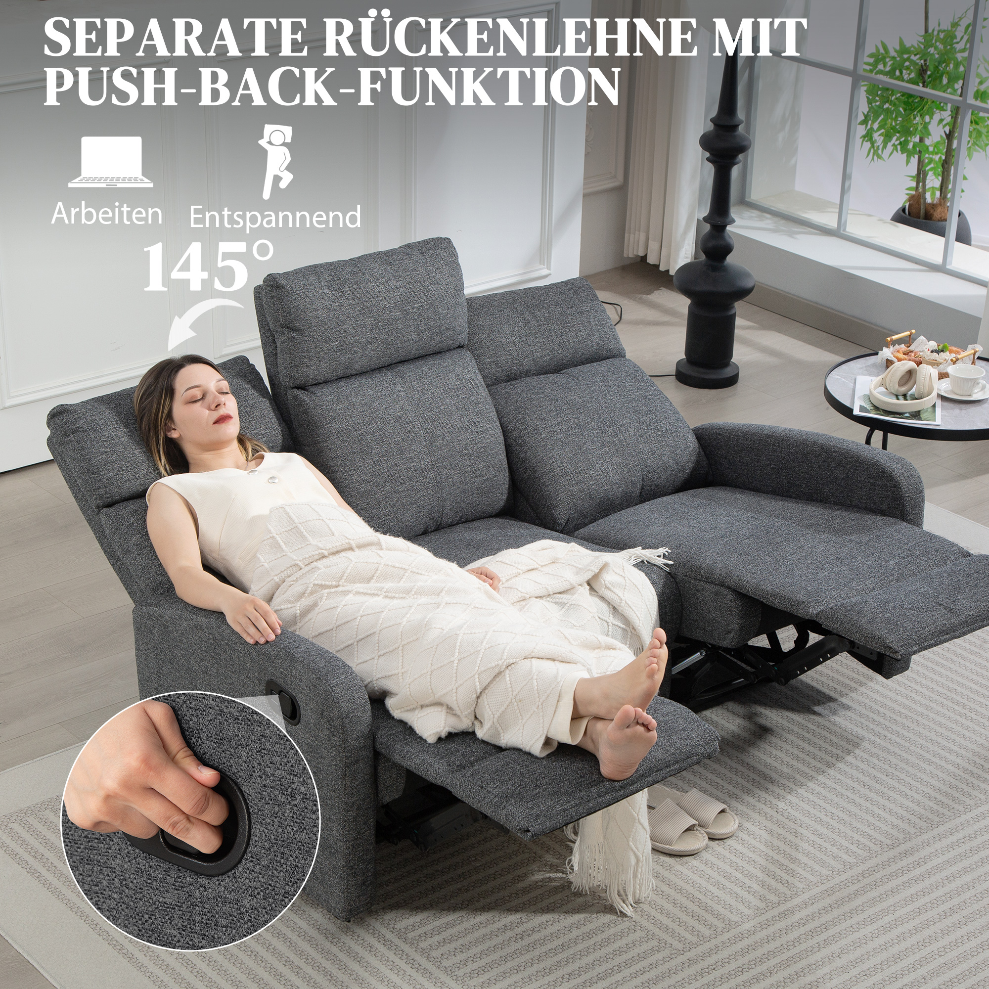 3-Sitzer-Sofa, individuell verstellbare Rückenlehnen, Fußstütze, Stoffbezug, Metall, Grau
