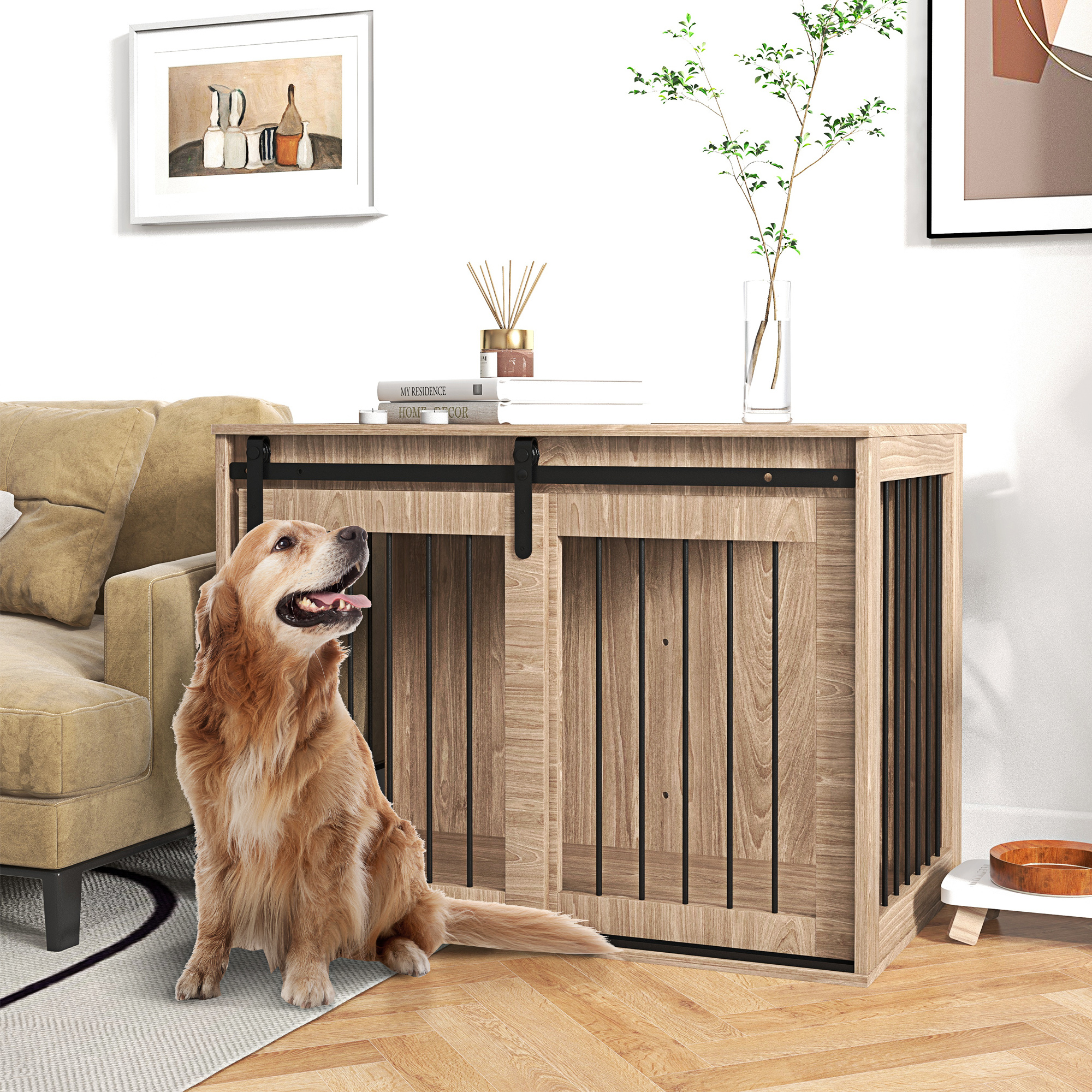 Hundebox Hundekäfig, Verriegelbar, Holzoptik, rustikales Design, 98 cm x 58 cm x 67 cm, Walnuss + Schwarz