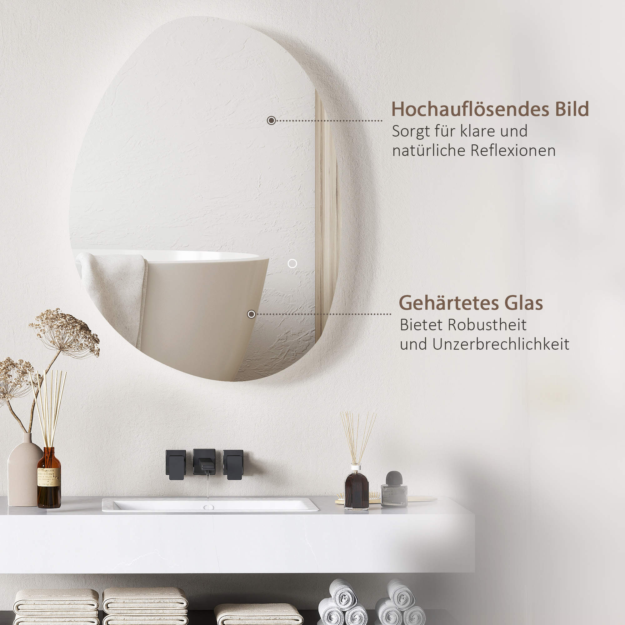 70 x 50 cm Asymmetrischer Badspiegel mit LED-Licht, Smart Touch Schalter, Anti-Beschlag-Funktion, Silber