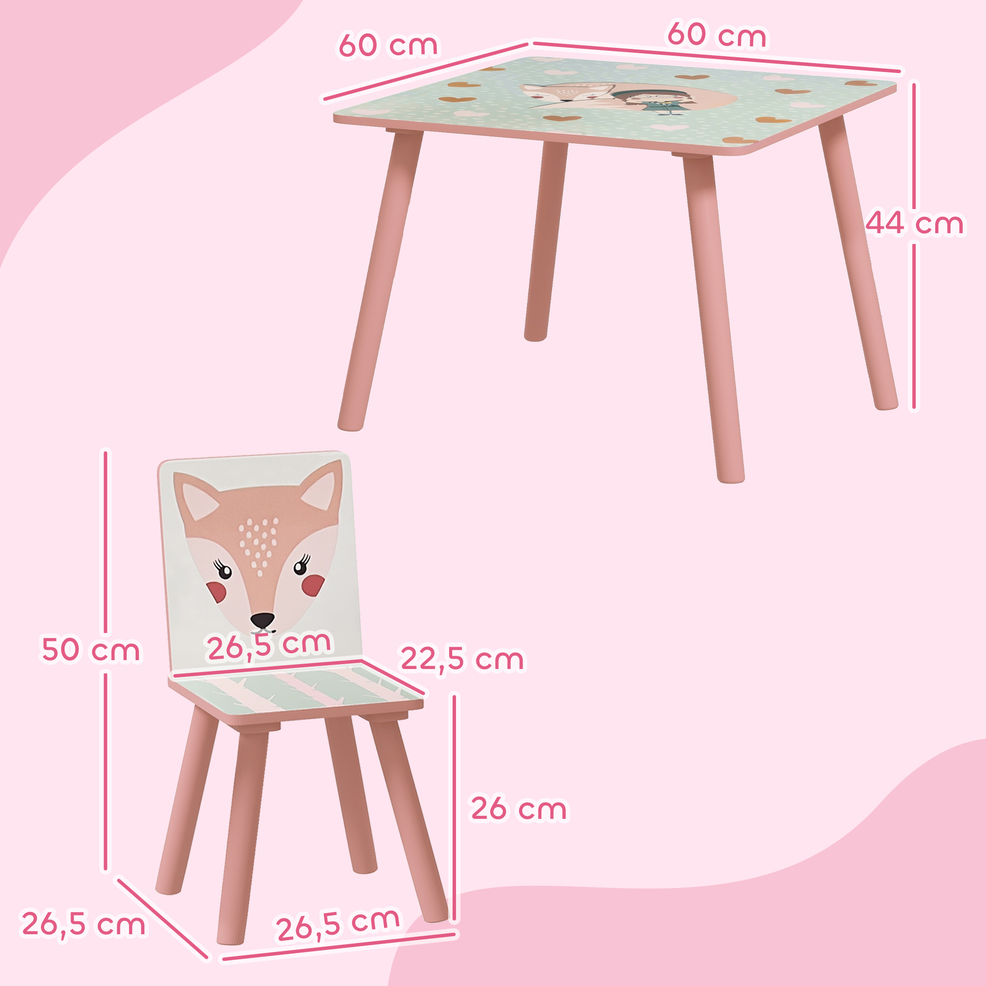 Kindersitzgruppe aus Kiefernholz, Tisch mit 2 Stühlen, Tiermotiv, Kinderzimmer, 3-8 Jahre, Rosa