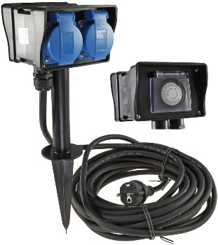 Gartensteckdose mit Erdspieß, 2-fach / IP44, 2m Kabel, Zeitschaltuhr