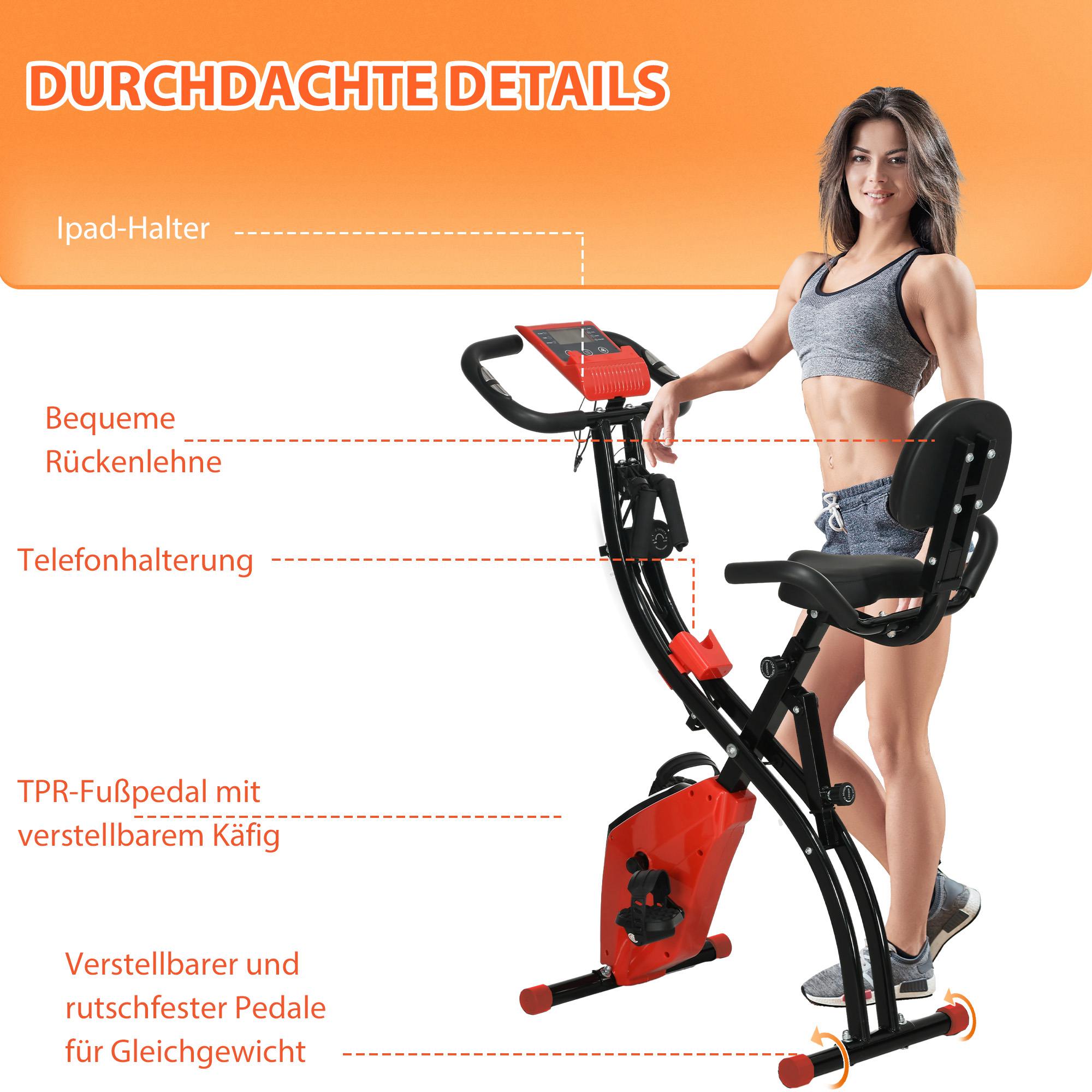 Heimtrainer X-Bike 2-in-1 Fahrradtrainer mit LCD-Display,Pulsmesser, klappbarer Hometrainer Trimmrad mit 8 stufig Magnetwiderstand, 1 Paar Spannseil, Stahl Rot 105x48x118 cm