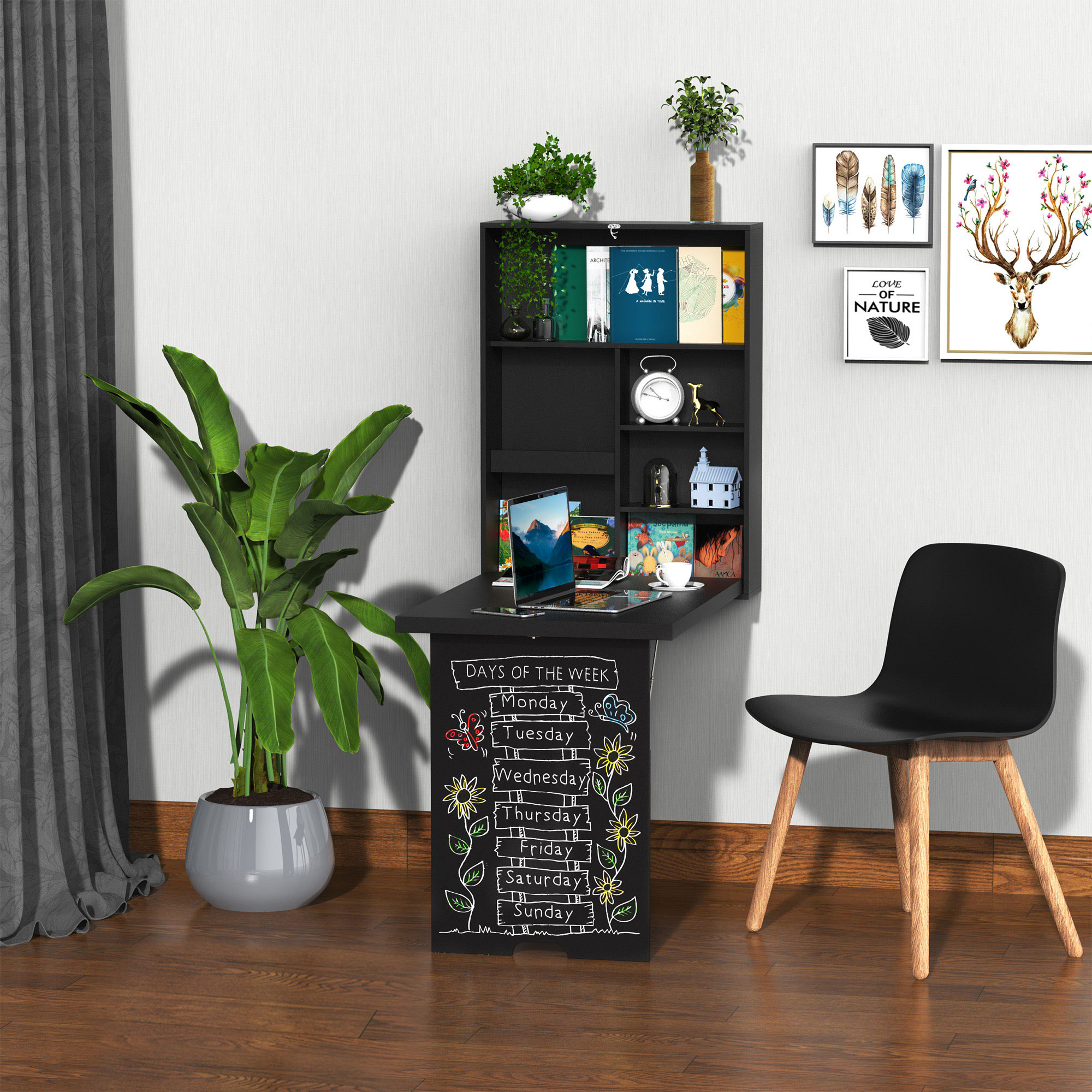 Wandklapptisch Wandschreibtisch, inkl. Schreibtafel, 60 cm x 94,5 cm x 147 cm, Schwarz