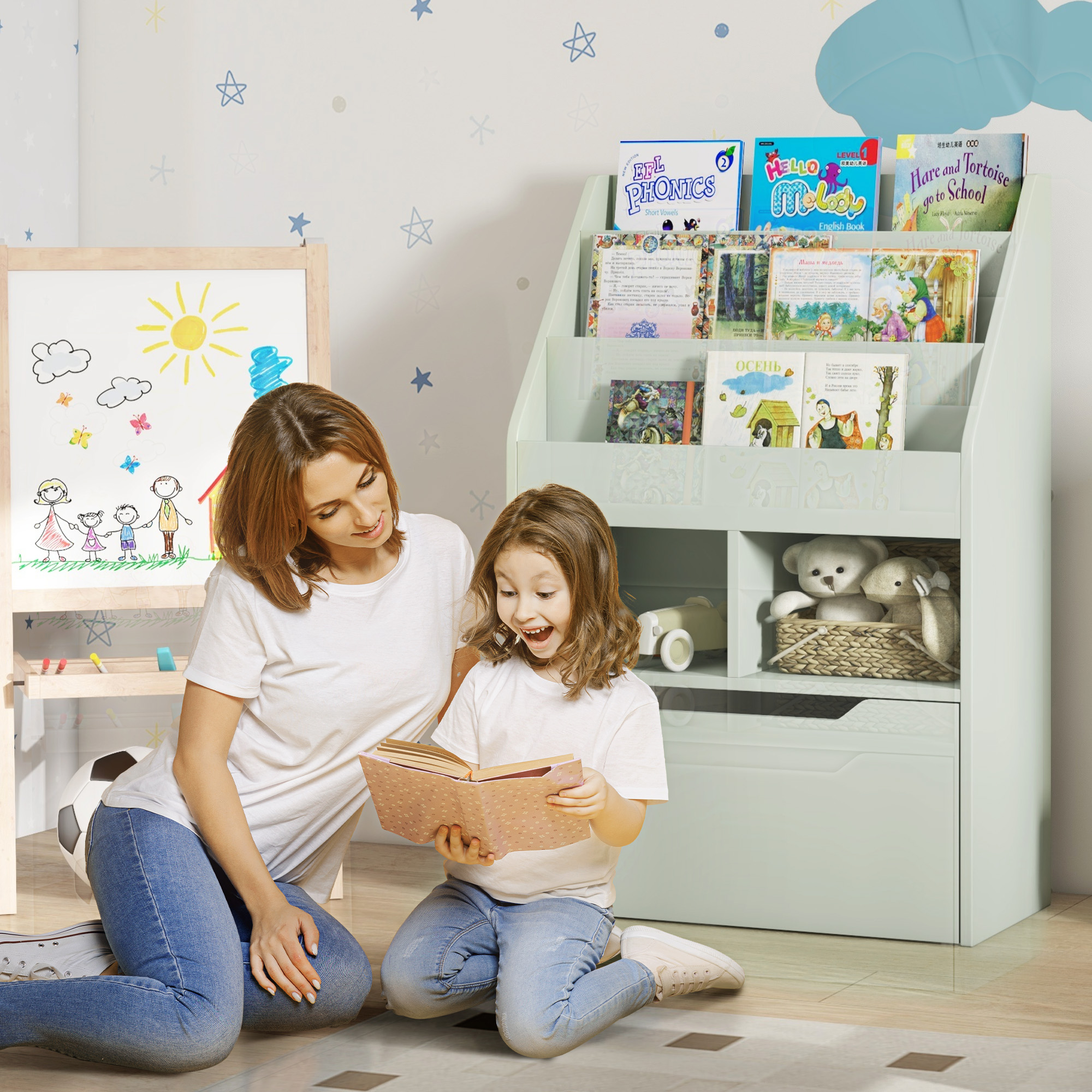 Kinderregal mit Schublade, Bücherregal mit Fächern, 60 x 29,9 x 90 cm, Grün
