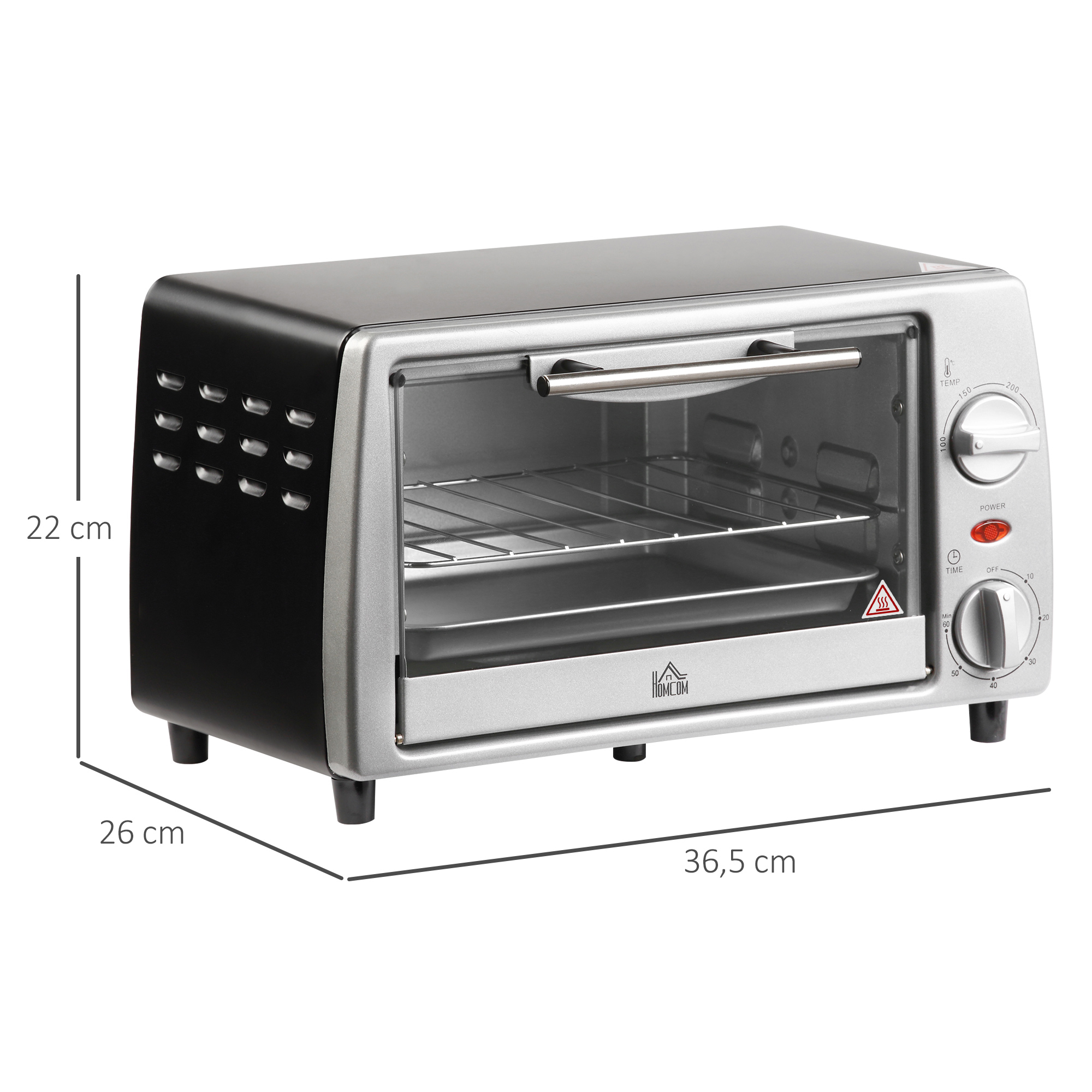 Mini Backofen 10 L 750W 100-230? 60 Min, Timer mit Backblech, Grillrost und Herausnehmbarer Bodenschale, Pizza-Ofen Silber