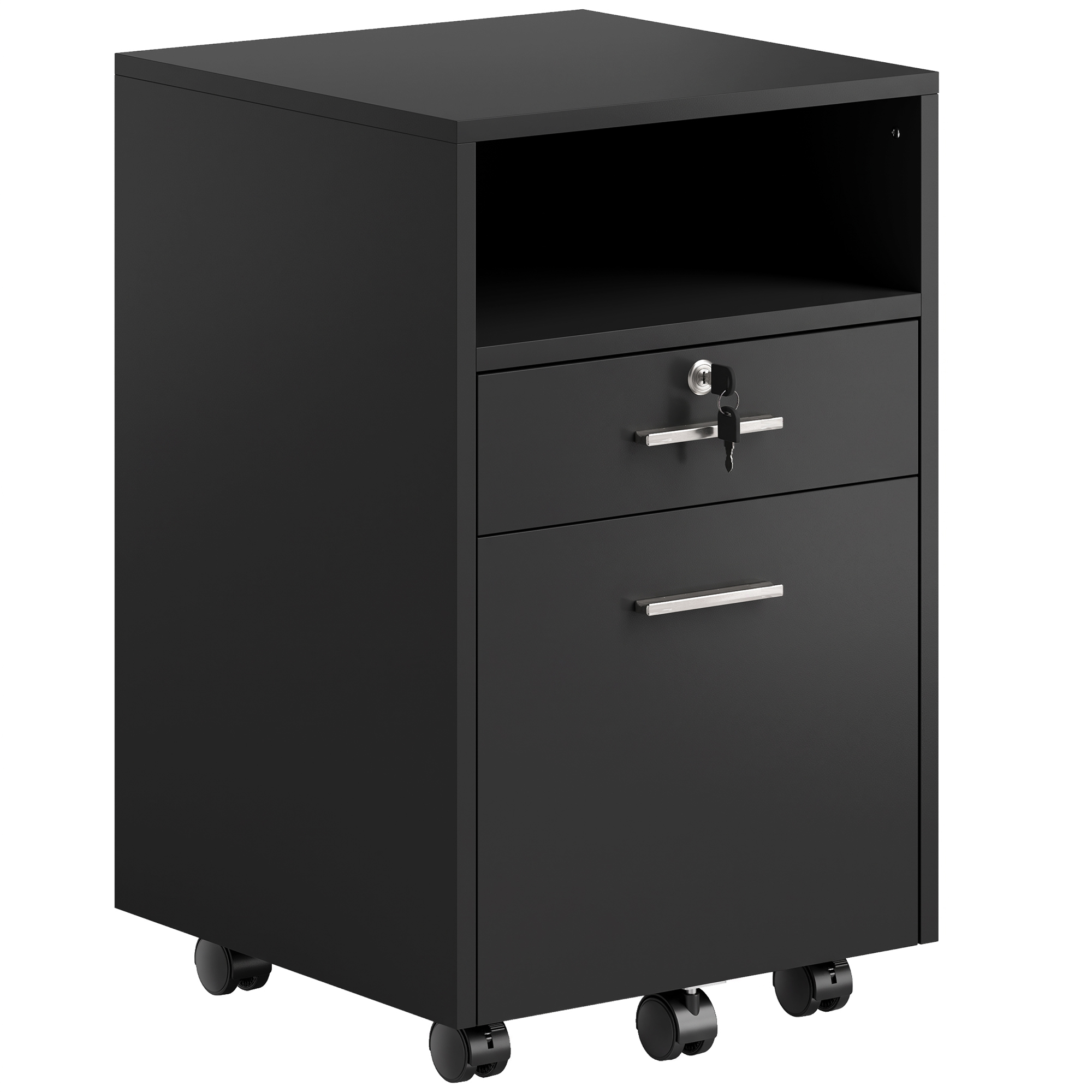 Büroschrank Rollcontainer, 2 Schubladen, eine Schublade abschließbar, 5 Rollen, Schwarz, 40 x 40 x 65 cm