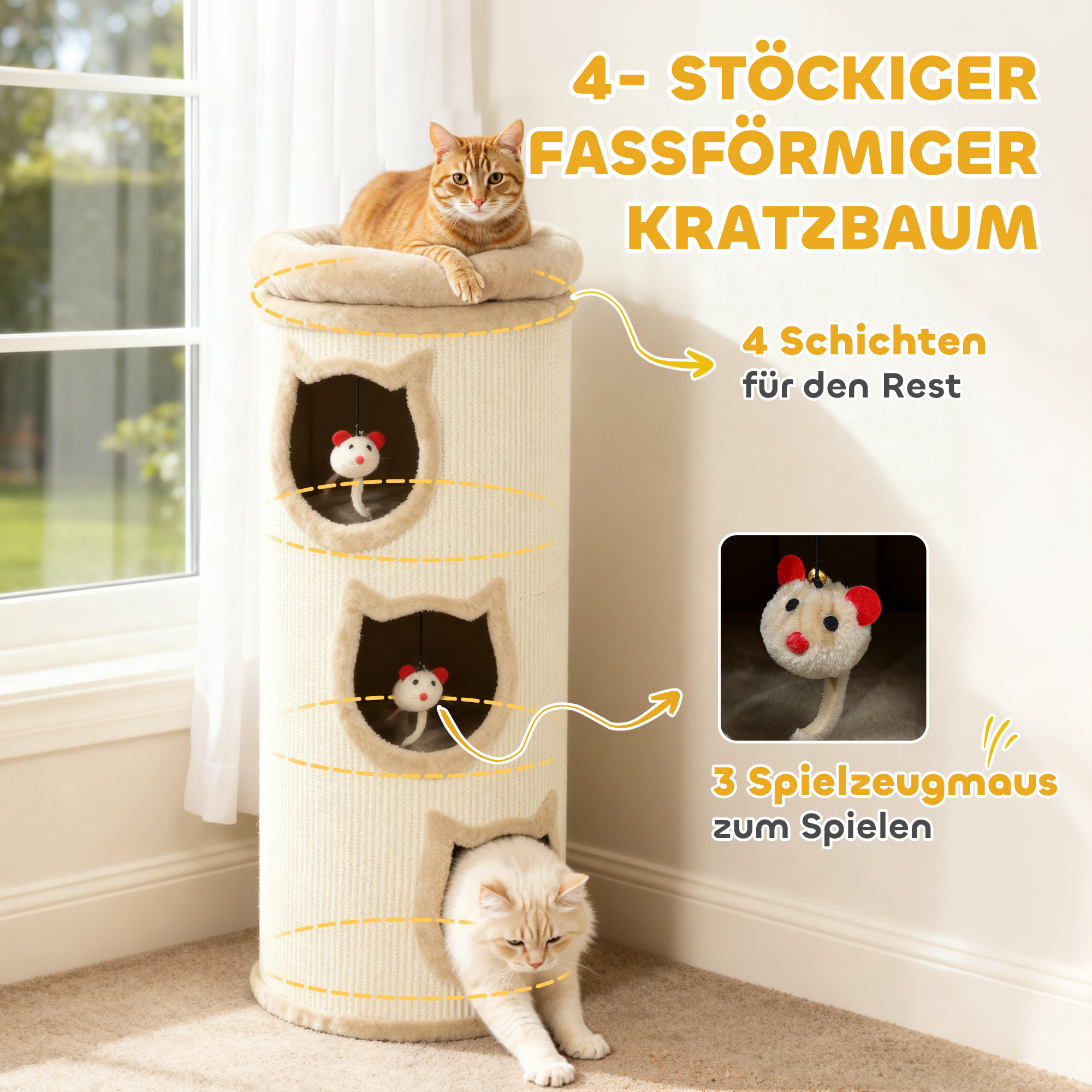 Katzenkratzfass, 96 cm, 4-Ebenen-Katzenturm mit waschbarem Bett, 3 Schlafhöhlen, Hängespielzeug, für mehrere Katzen Grau