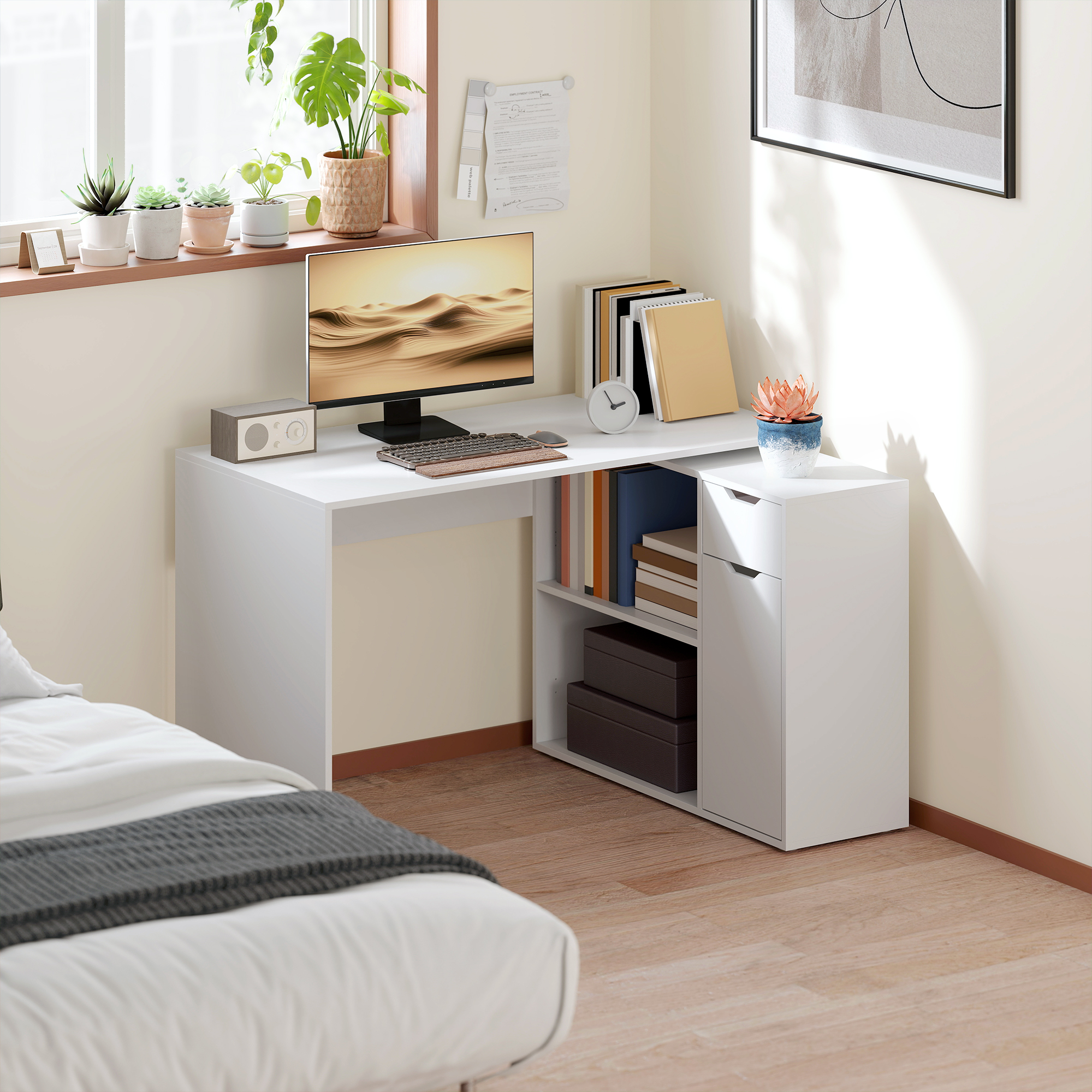 Flexibler Schreibtisch, 2-stufiger Schrank, Schublade, offene Fächer, Holz, Weiß