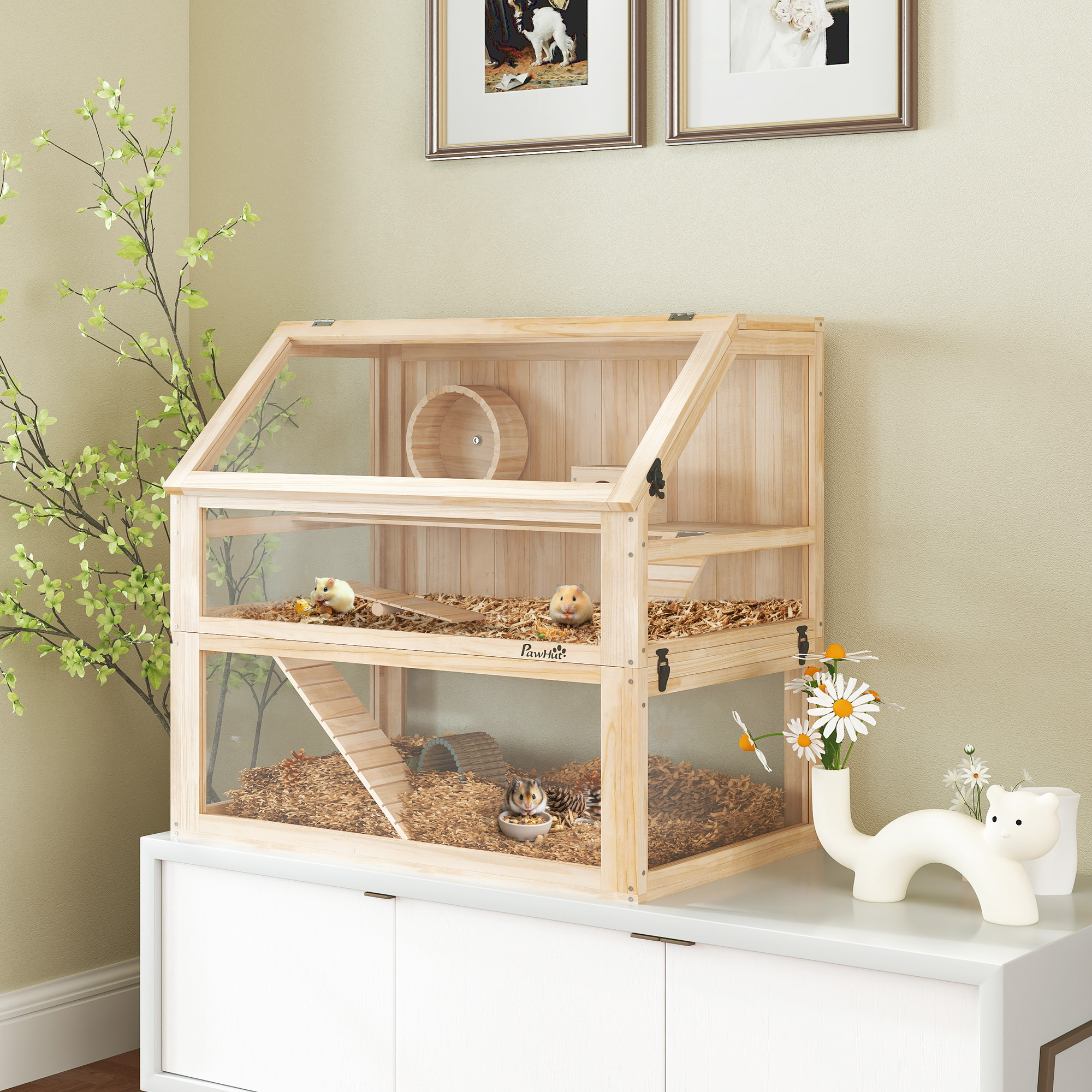 Hamsterkäfig aus Holz 3 Etagen Nagarium Nagerkäfig mit klappbarem Deckel Laufrad 80 x 50 x 76 cm Naturholz