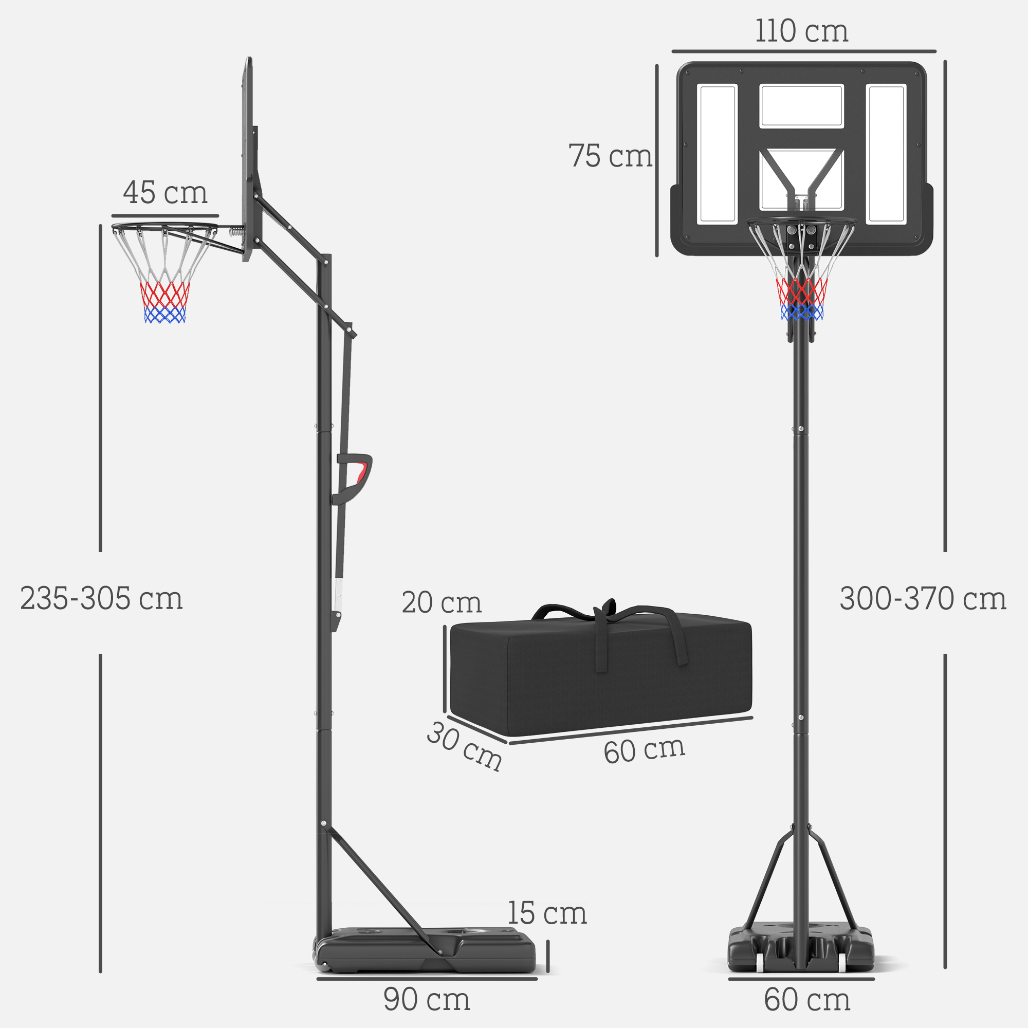Basketballständer, höhenverstellbare Korbhöhe 235-305 cm, befüllbare Basis mit Rädern, Schwarz