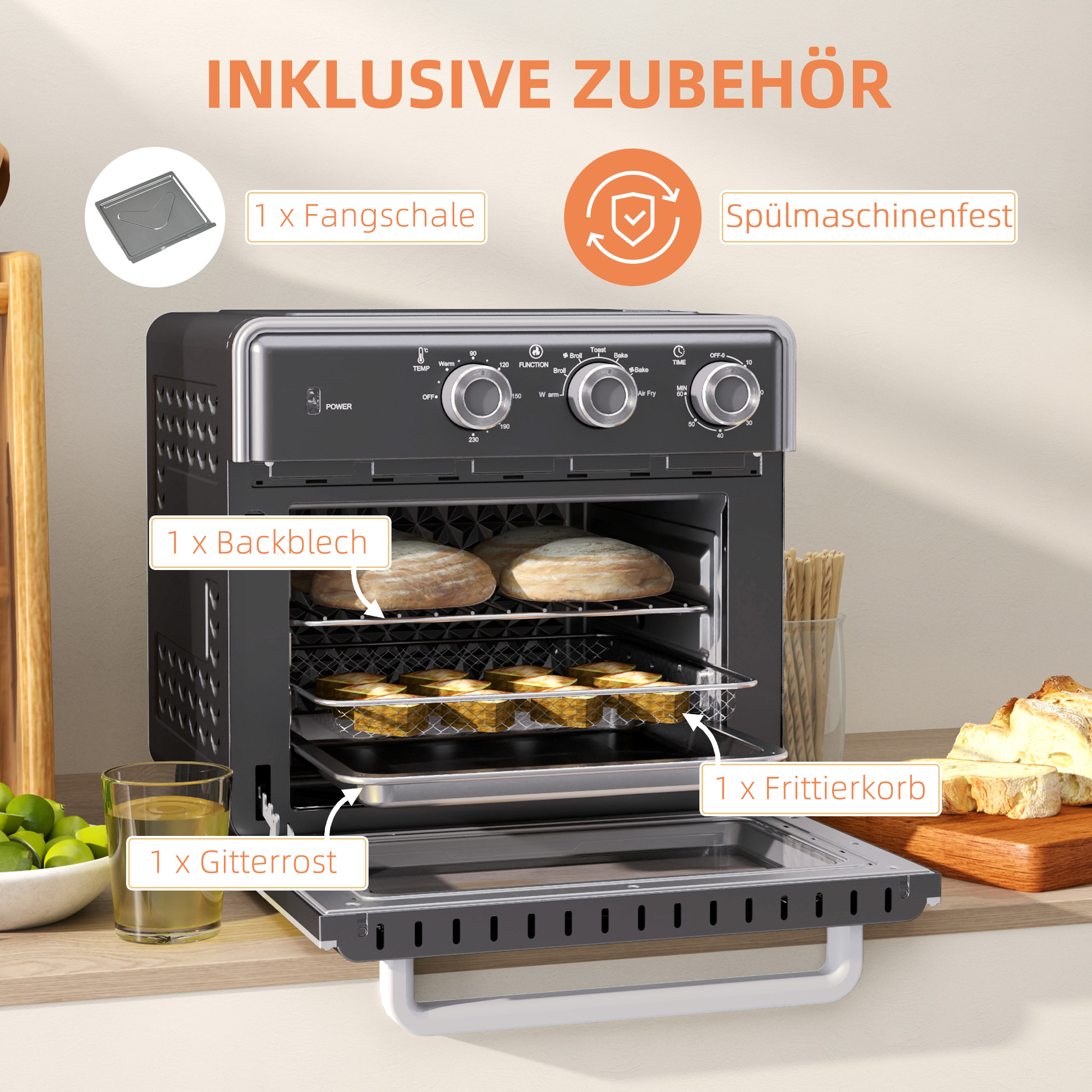 Minibackofen, 20L, 5 Funktionen, 360° Heißluft, Grillrost, Krümelblech, Grau